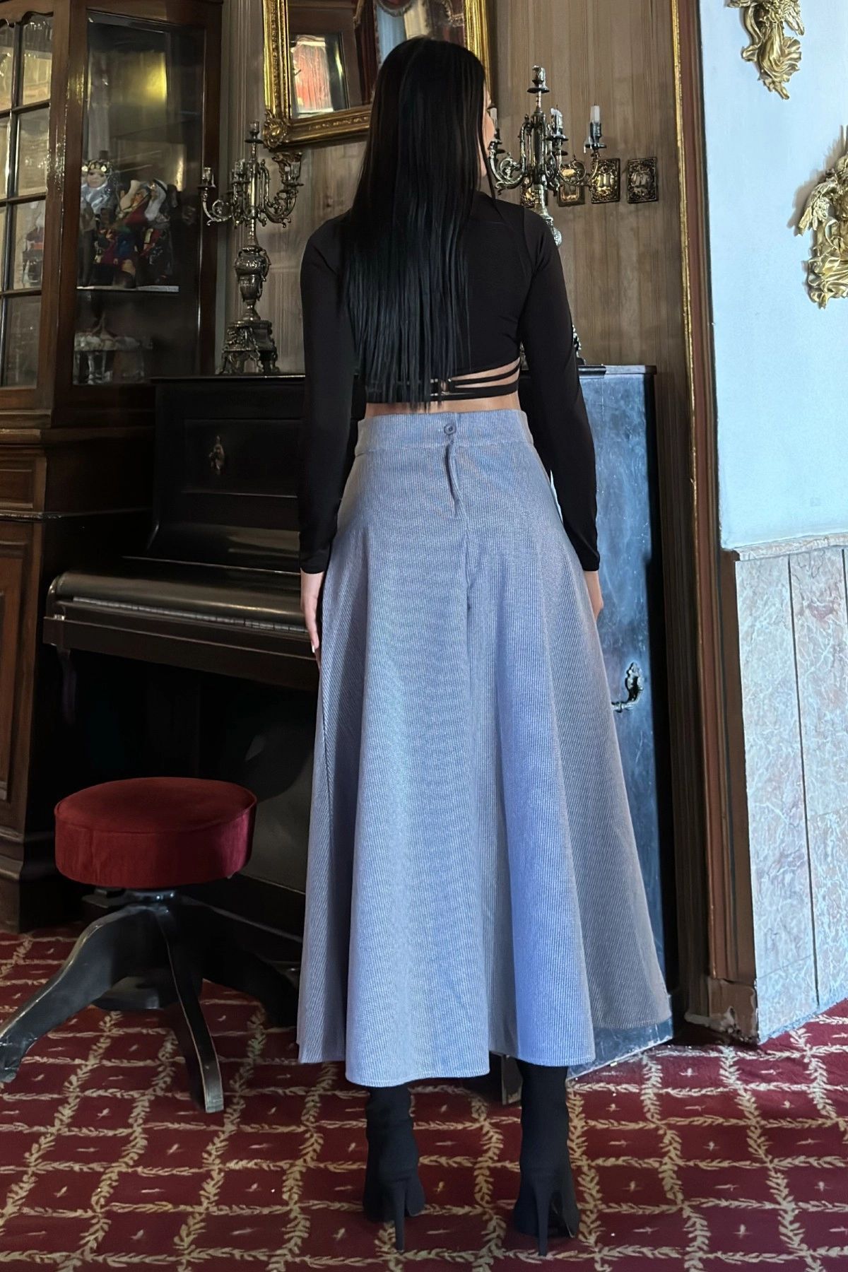 NEW LAVİVA-Blue High Waist, Pockets, Kilos Cutout, Gingham Knitted Stamp Long Skirt 2