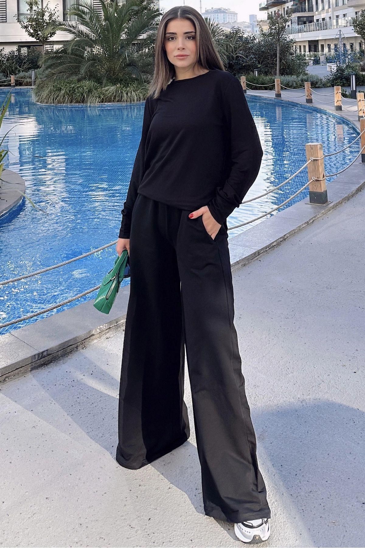 NEW LAVİVA Kadın Siyah Yuvarlak Yaka Sweatshirt & Bol Paça Beli Lastikli Pantolon - Rahat Alt & Üst Takım