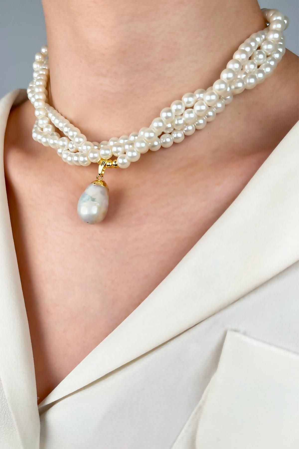 Sose Moda-Large Pearl Prong Wrap Pearl Necklace - White 2