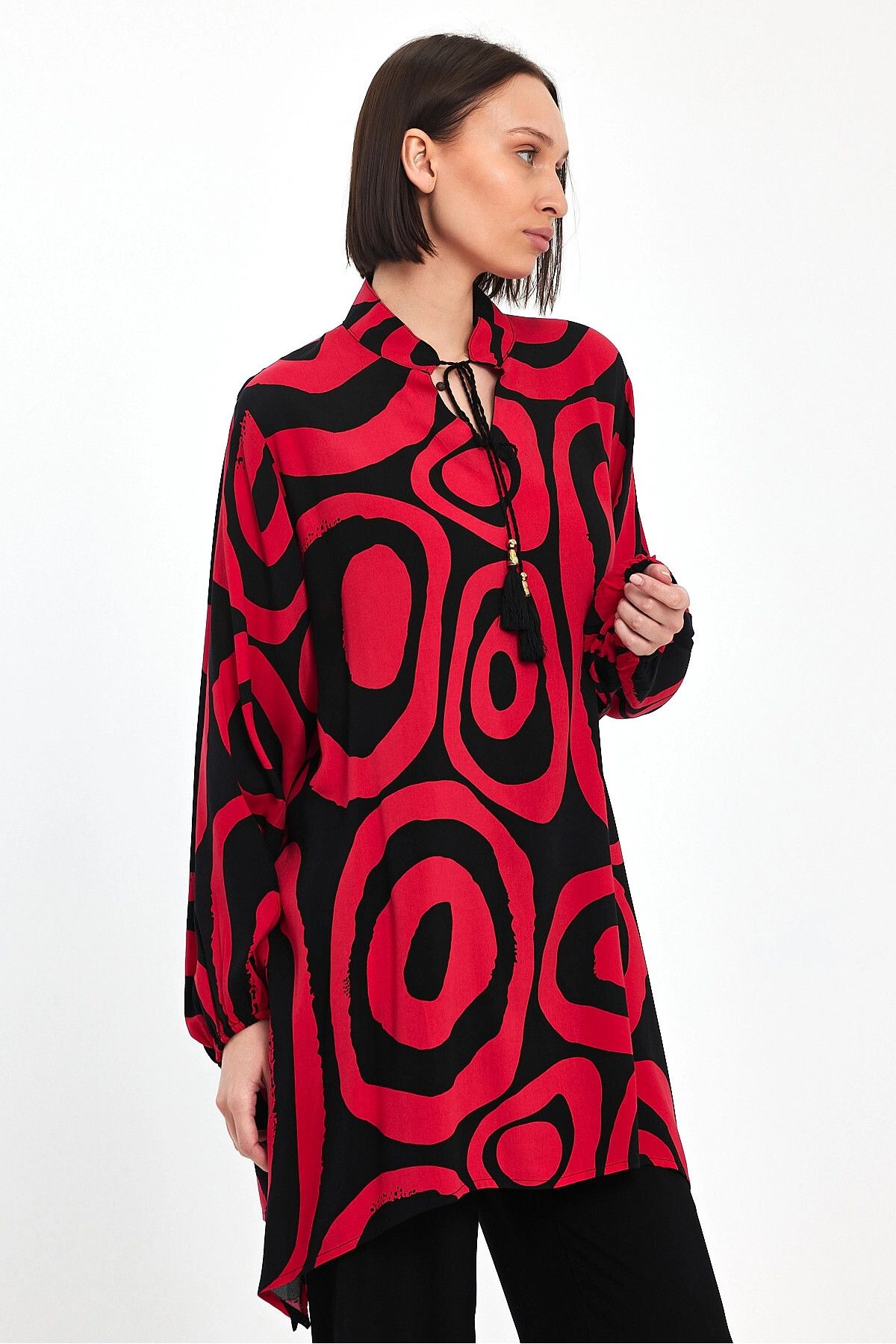 bacc-Red Geometric Print Plus Size Casual Pants and Tunic Set - Bcvl- 241017 3