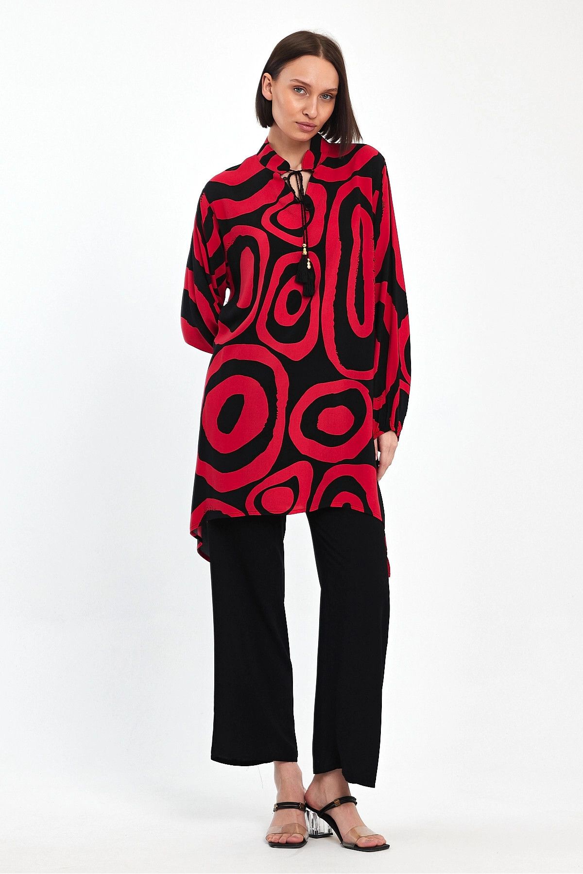 bacc-Red Geometric Print Plus Size Casual Pants and Tunic Set - Bcvl- 241017 4