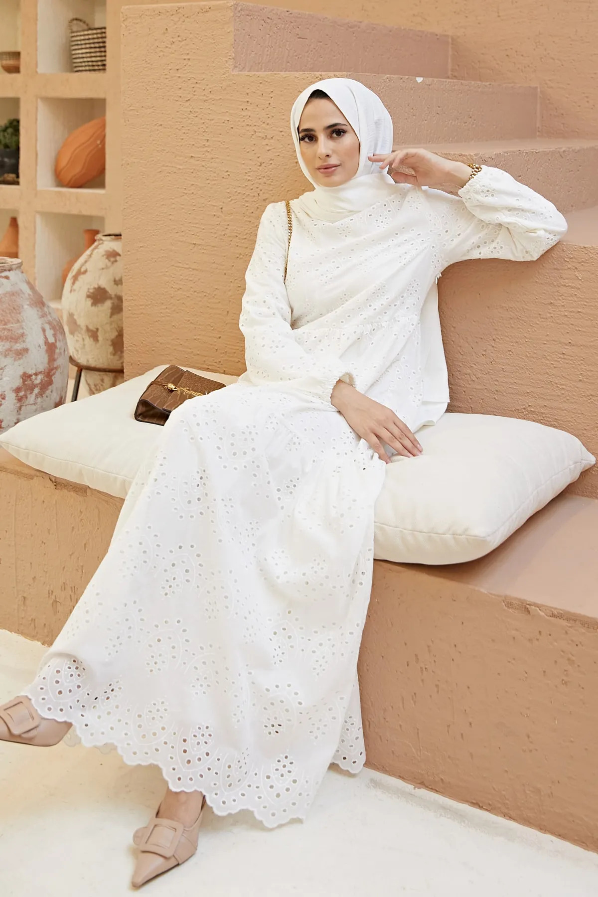 PİNK FLY  Brode Dantel Fisto Uzun Kadın Elbise Beyaz - Görsel 6