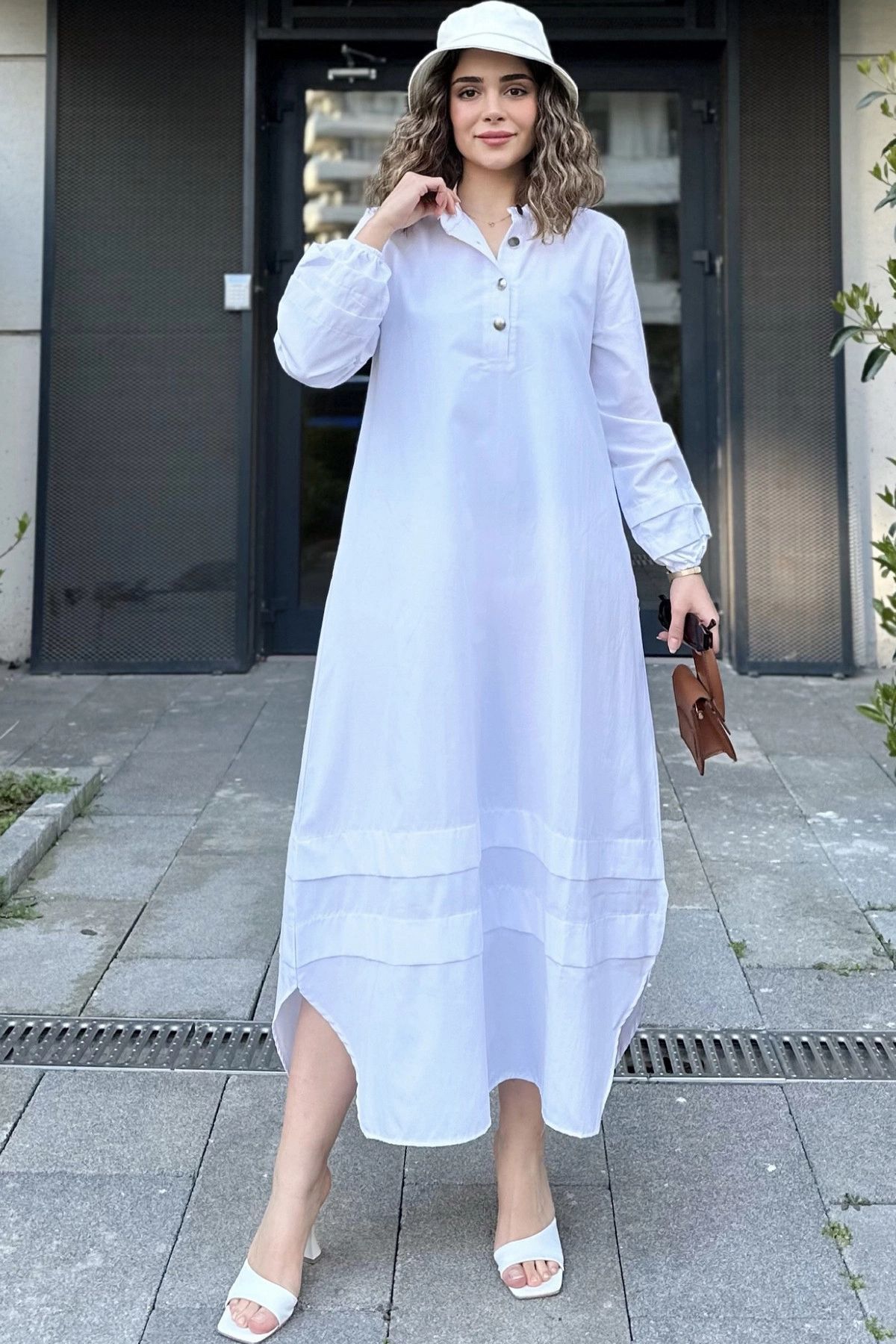 NEW LAVİVA-White Layered Fabric High Neck Long Dress - Elastic Balloon Sleeve and Skirt 5