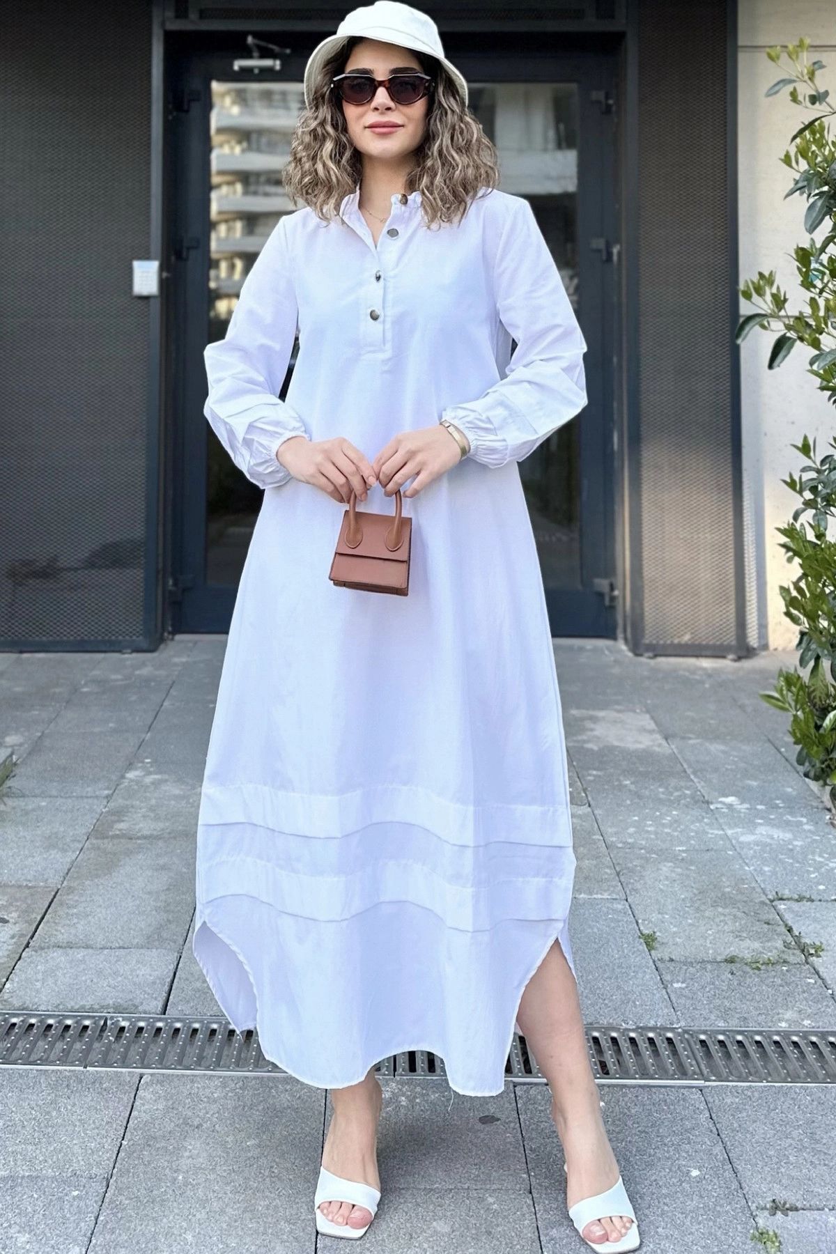 NEW LAVİVA-White Layered Fabric High Neck Long Dress - Elastic Balloon Sleeve and Skirt 7