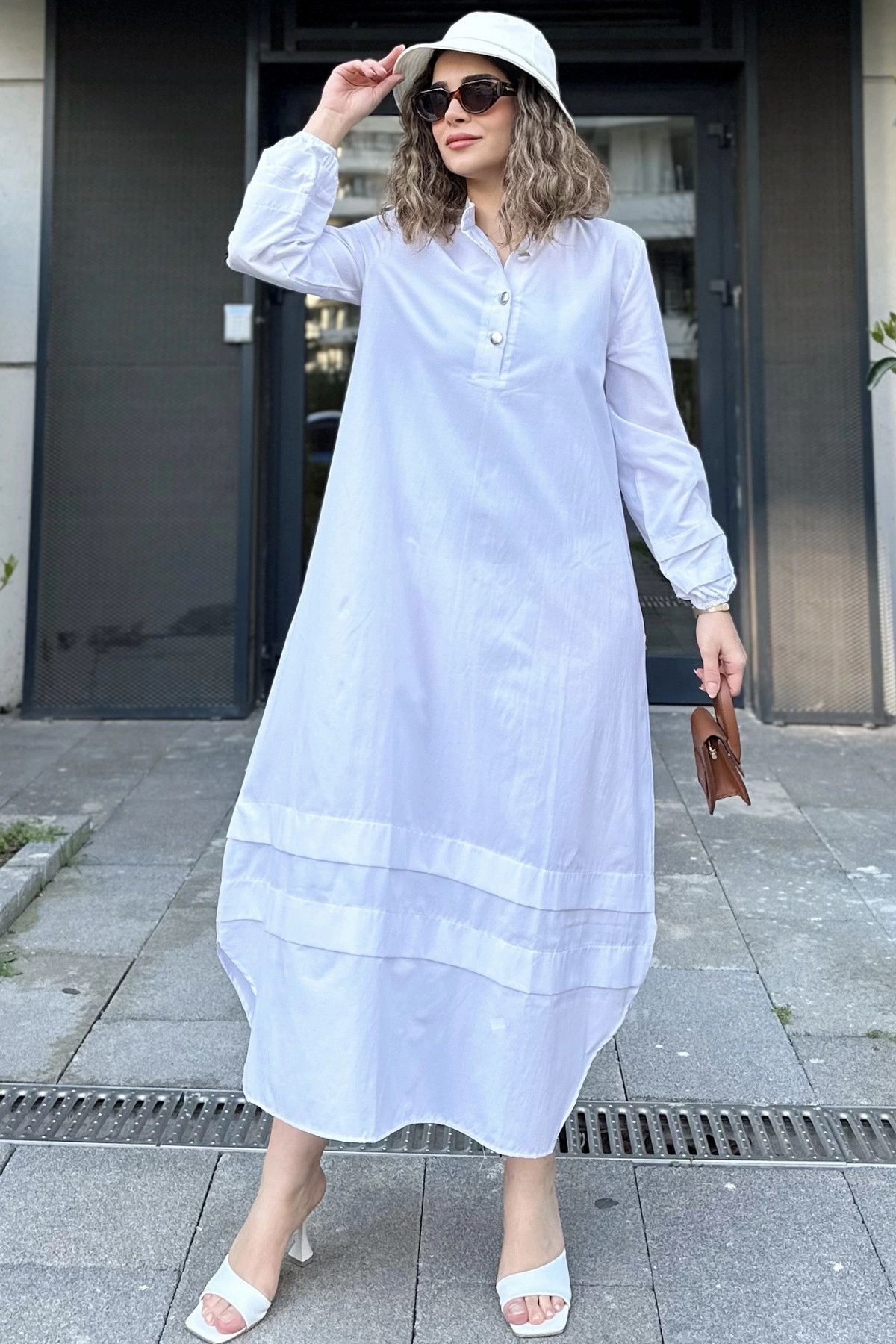 NEW LAVİVA-White Layered Fabric High Neck Long Dress - Elastic Balloon Sleeve and Skirt 2