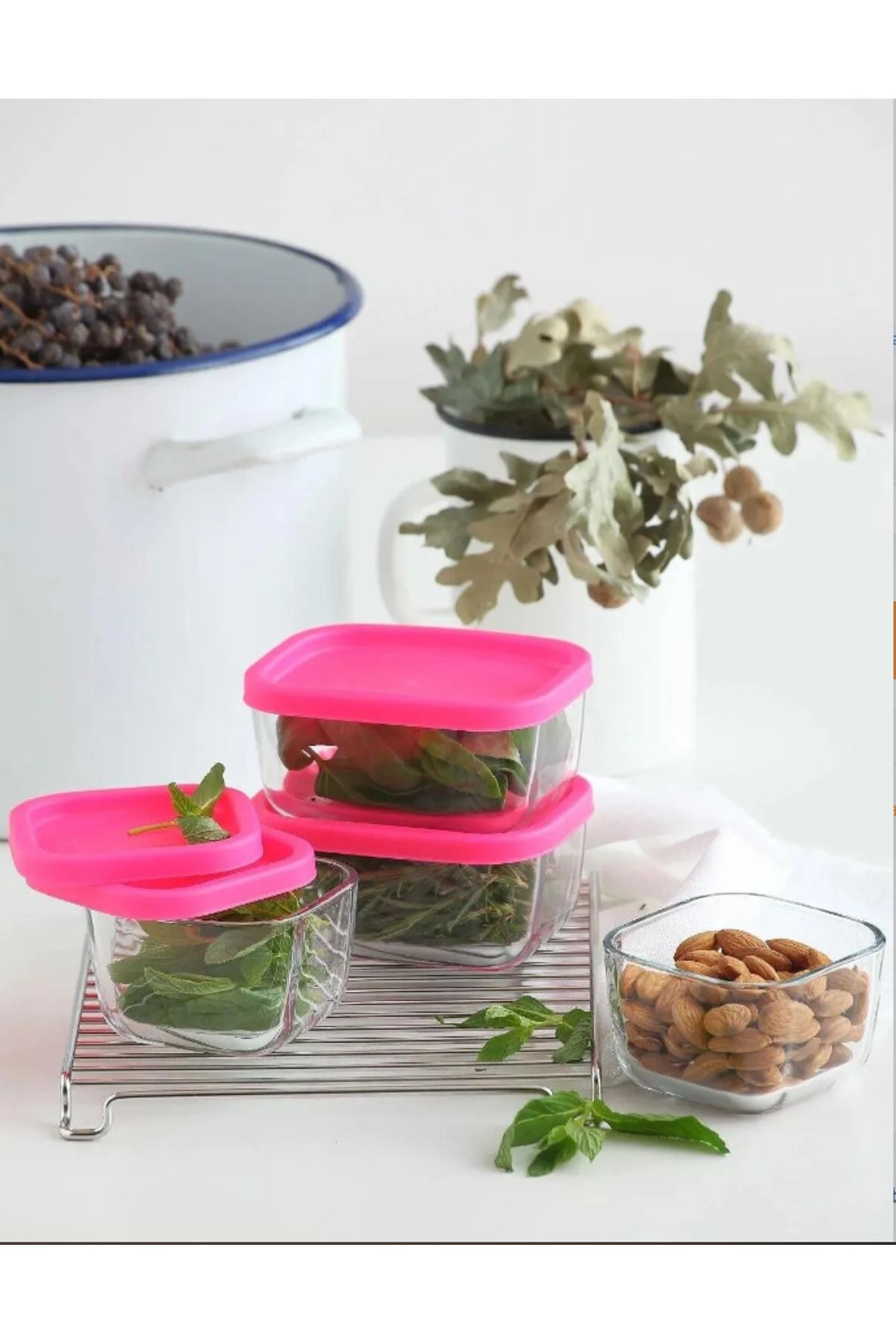 LAV-Feyzade Cube Breakfast Storage Container Set with Pink Lid (4 Pcs 405Cc - 4 Pcs 270Cc) 2