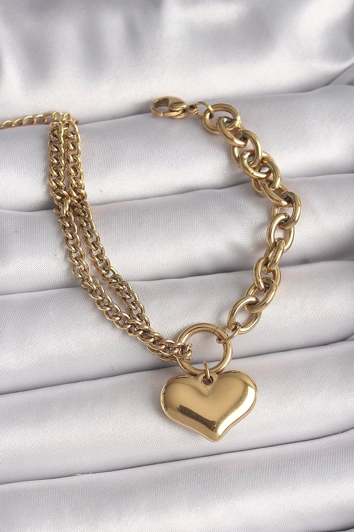 Merev-316L Steel Gold Color 2-Piece Chain Model Heart Figure Women's Bracelet 1