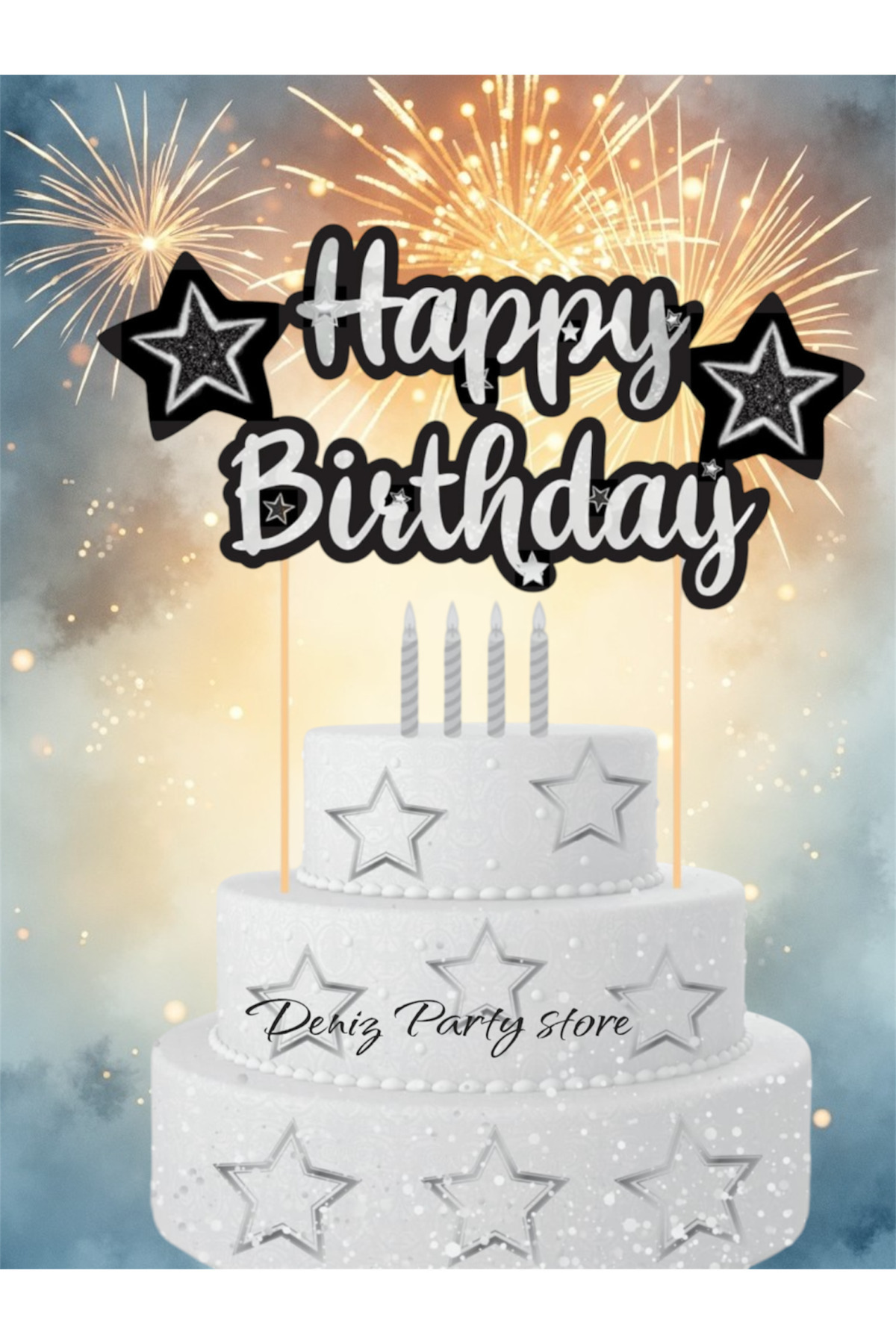 Deniz Party Store-Black Silver Happy Birthday Cake Decoration Stick 1