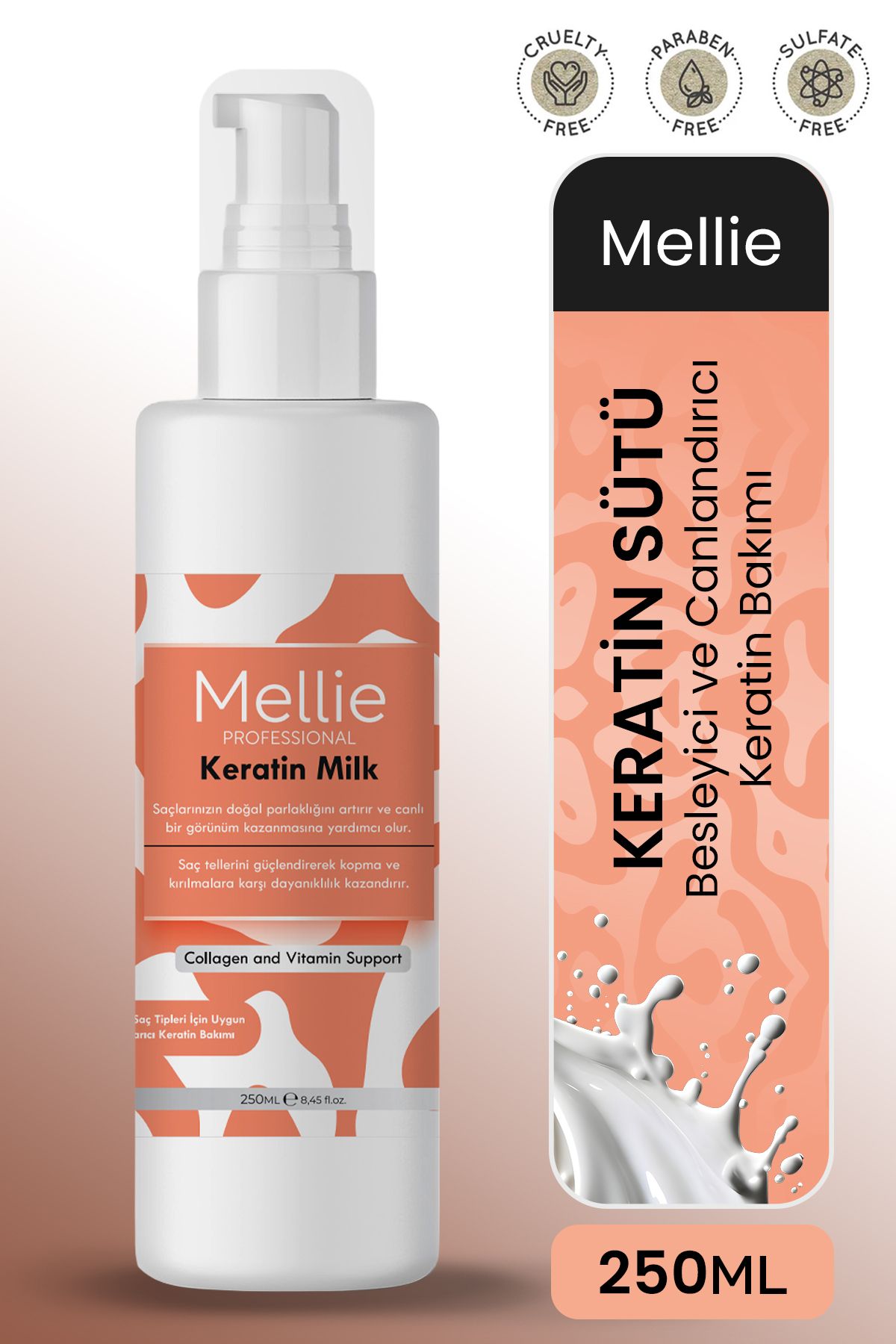 Keratin Saç Bakım Sütü, Biotin ve Collagen İçeren Besleyici ve Onarıcı, Durulama Gerektirmez 250ML
