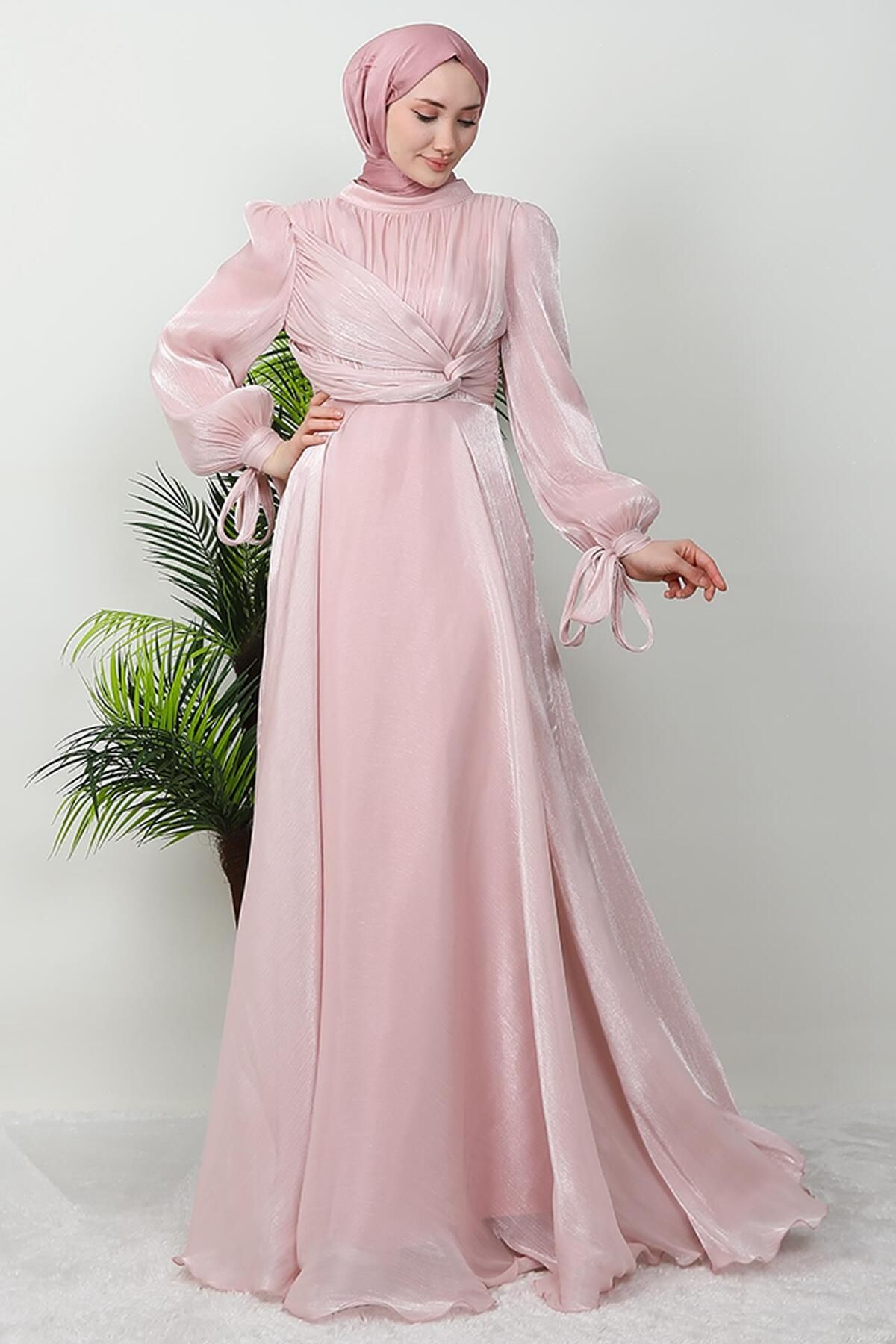 GİYZAMİLA-Lily Silk Evening Dress Powder 2