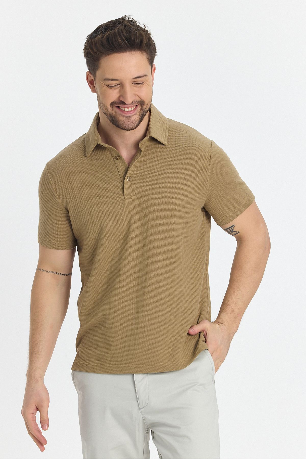 Frappoli-Jaguar Men's Polo Neck T-Shirt - Camel Color, Cotton Blend, Non-Drawing Lycra, Slit Detail, Slim Fit 1