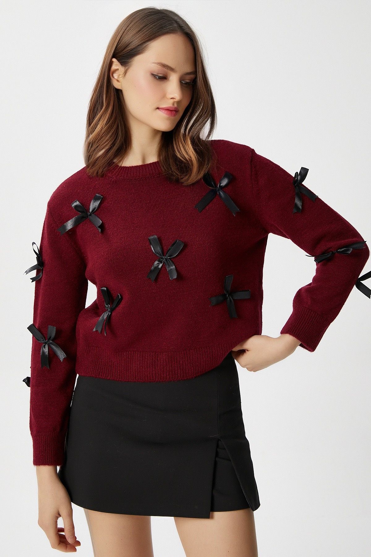 Ritnice-Women's Valery Soft Texture Ribbon Bow Detailed Burgundy Knitwear Sweater 3