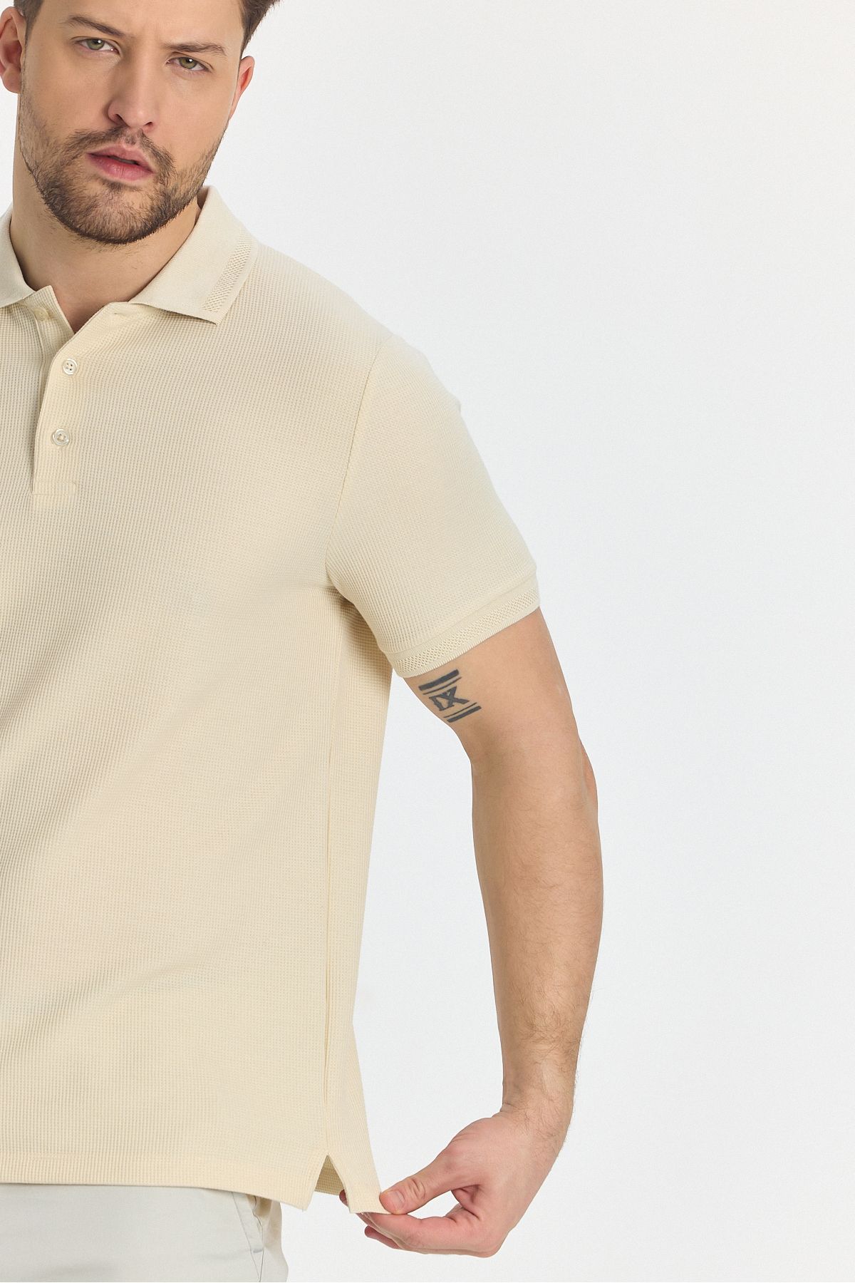 Frappoli-Walfer Men's Polo Neck T-Shirt - Light Beige, Lycra Cotton, Lapel Detail, Slim Fit, No Curl 4