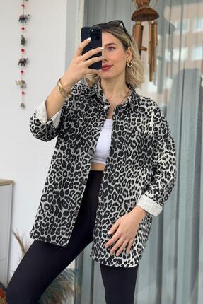 Mivida Gri Leopar Kot Gabardin Gömlek Ceket