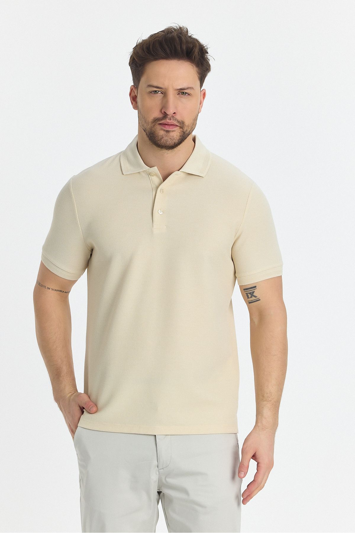 Frappoli-Walfer Men's Polo Neck T-Shirt - Light Beige, Lycra Cotton, Lapel Detail, Slim Fit, No Curl 1