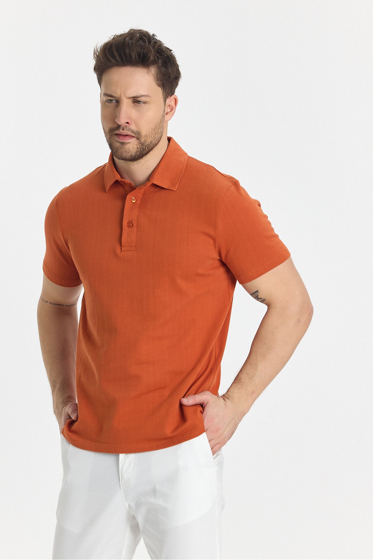 Frappoli-Luceroo Men's Orange 100% Cotton Non-Shrink Fabric Slim Fit Slim Fit Polo Neck T-Shirt 2