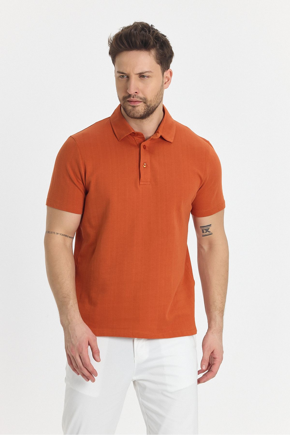 Frappoli-Luceroo Men's Orange 100% Cotton Non-Shrink Fabric Slim Fit Slim Fit Polo Neck T-Shirt 5