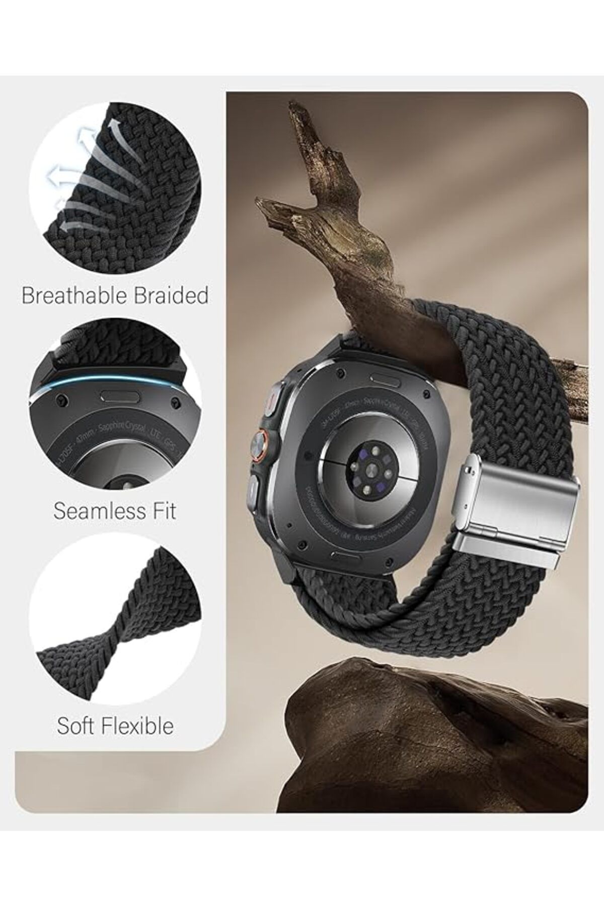 AWH-Stretchy Braided Band for Samsung Galaxy Watch 7 Ultra 47mm, Elastic Nylon Sport Strap 4