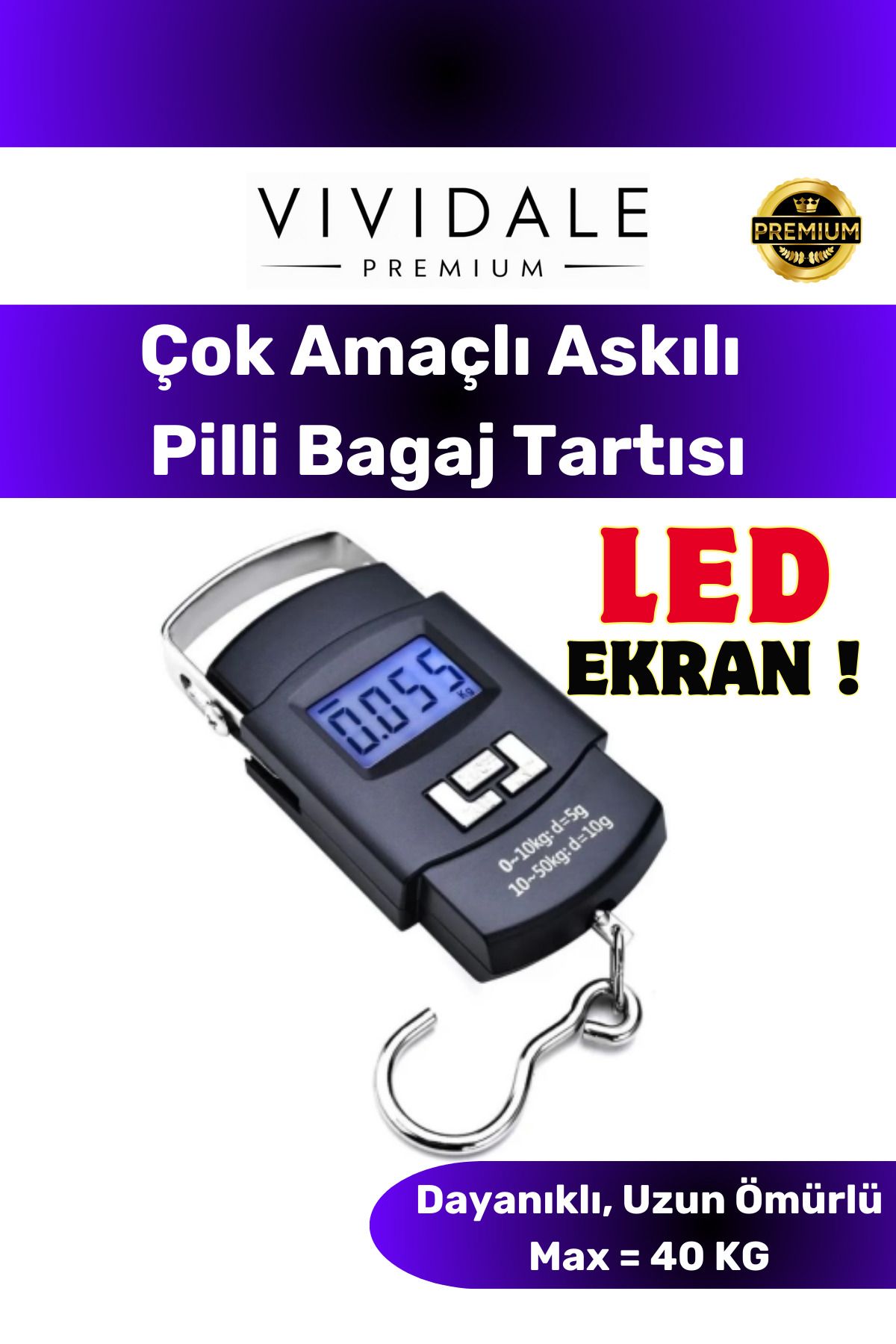 Vividale Premium Lcd Ekran Bavul Seyahat El Terazi Dijital Çok Amaçlı Portatif Askılı Pilli Bagaj Tartısı