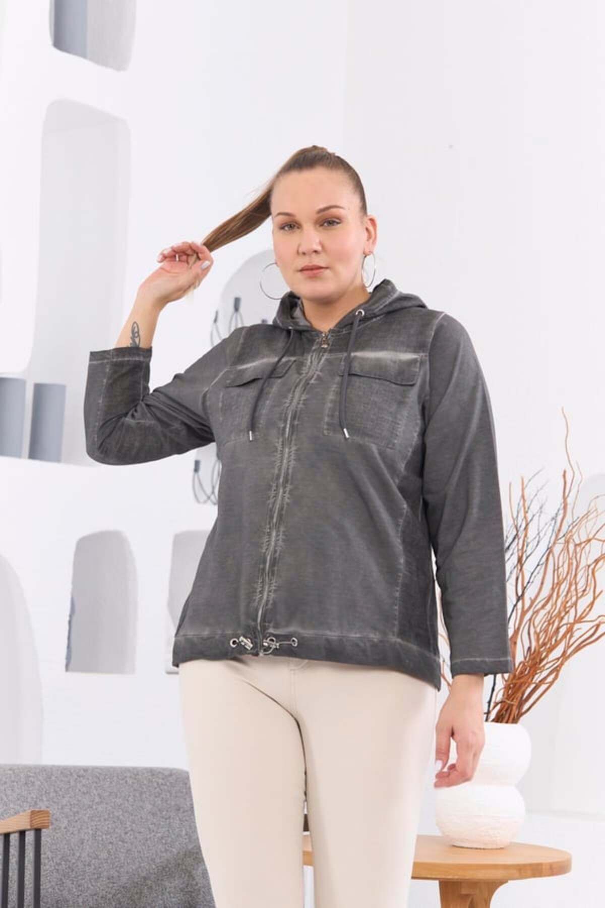 RMG-Zipper Detailed Hooded Plus Size Washable Jacket 3