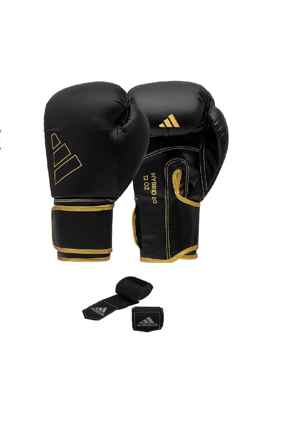 adidas Adıh80 Hybrid80 Antrenman Boks, Kıck Boks Eldiveni Siyah Altın Boxing Gloves Bandaj 3,5 mt set