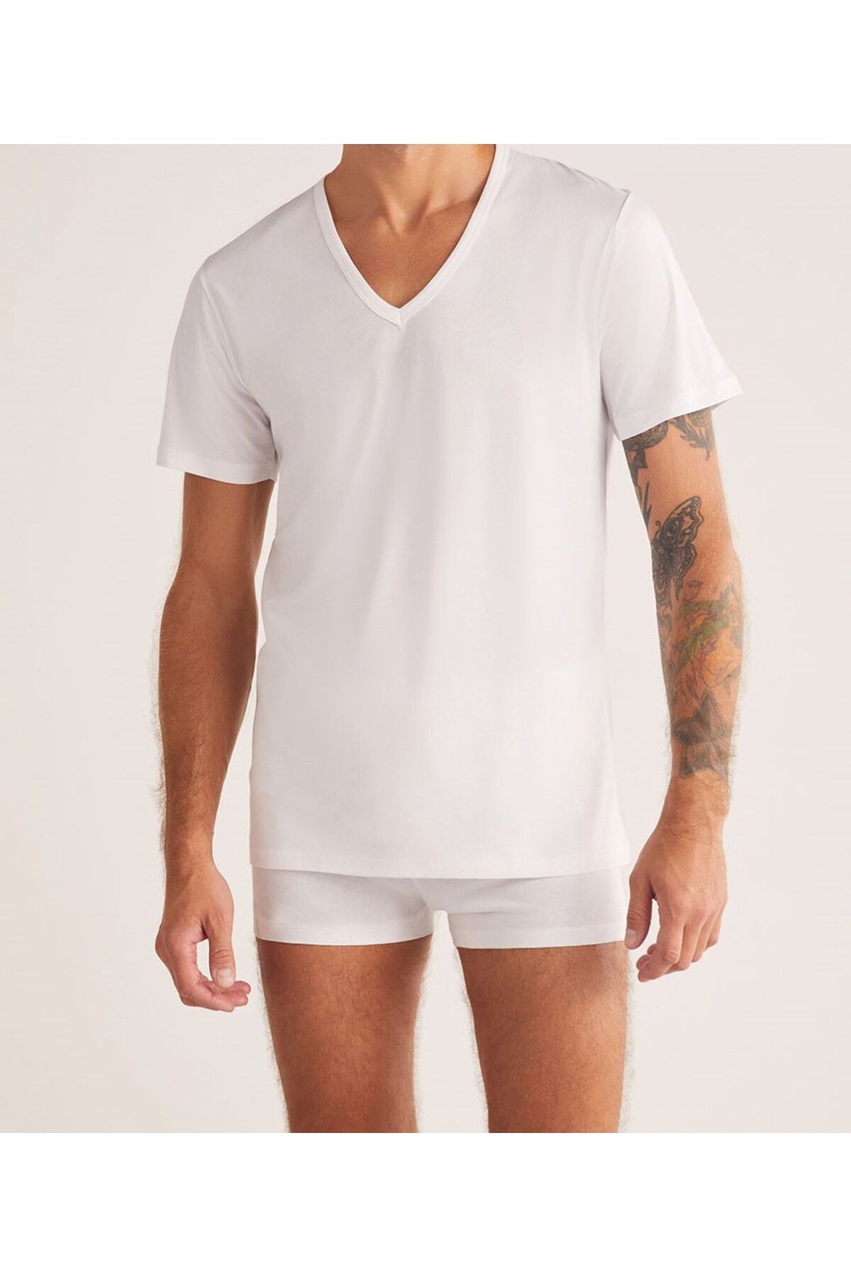 Kom-Men's White 100% Cotton V-Neck 2-Piece T-Shirt Kq.Oenrtsh.1K.M1.K2 2