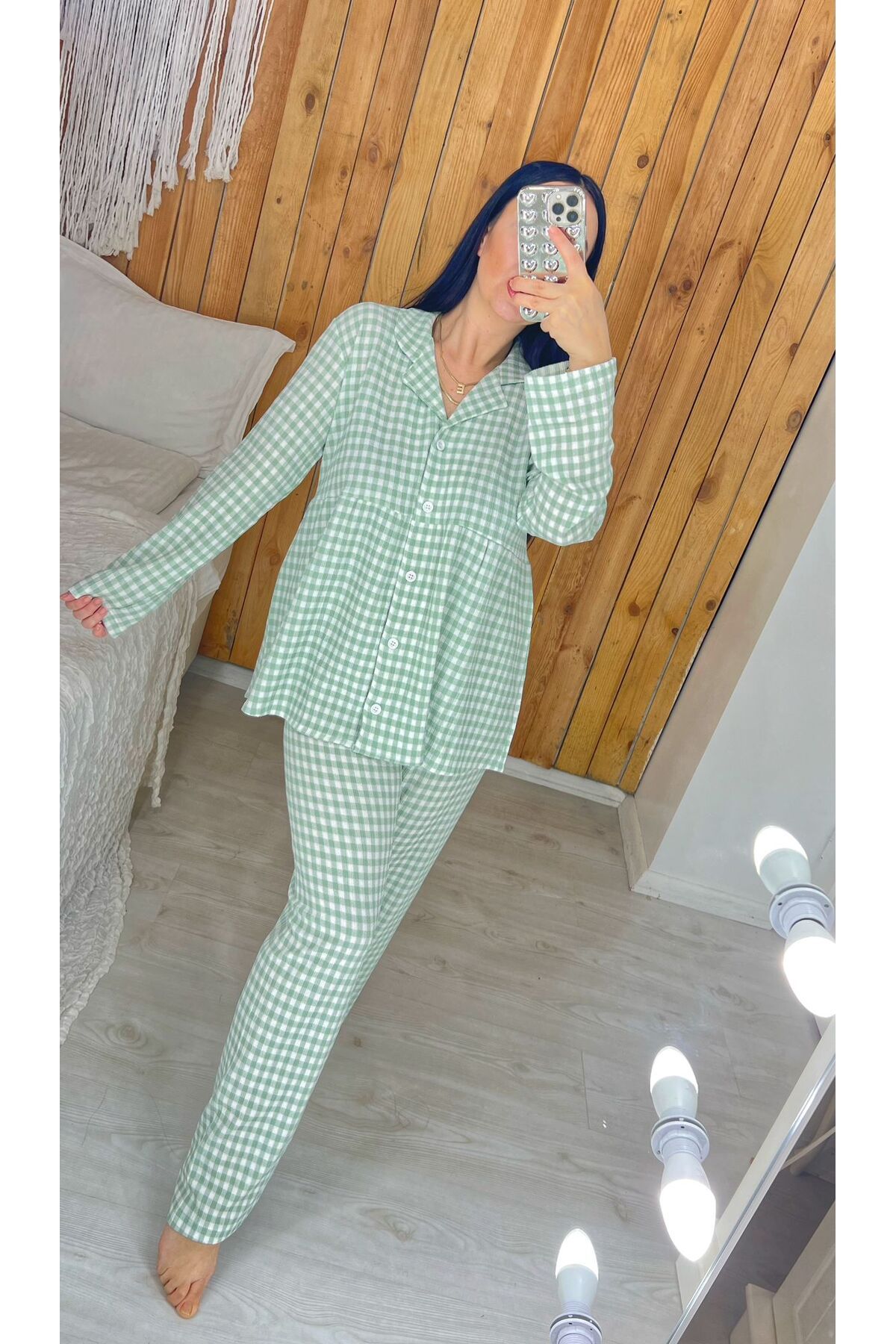 Pijamapartisi-Gingham Twine Fabric Maternity Lohusa Pajamas Set 1