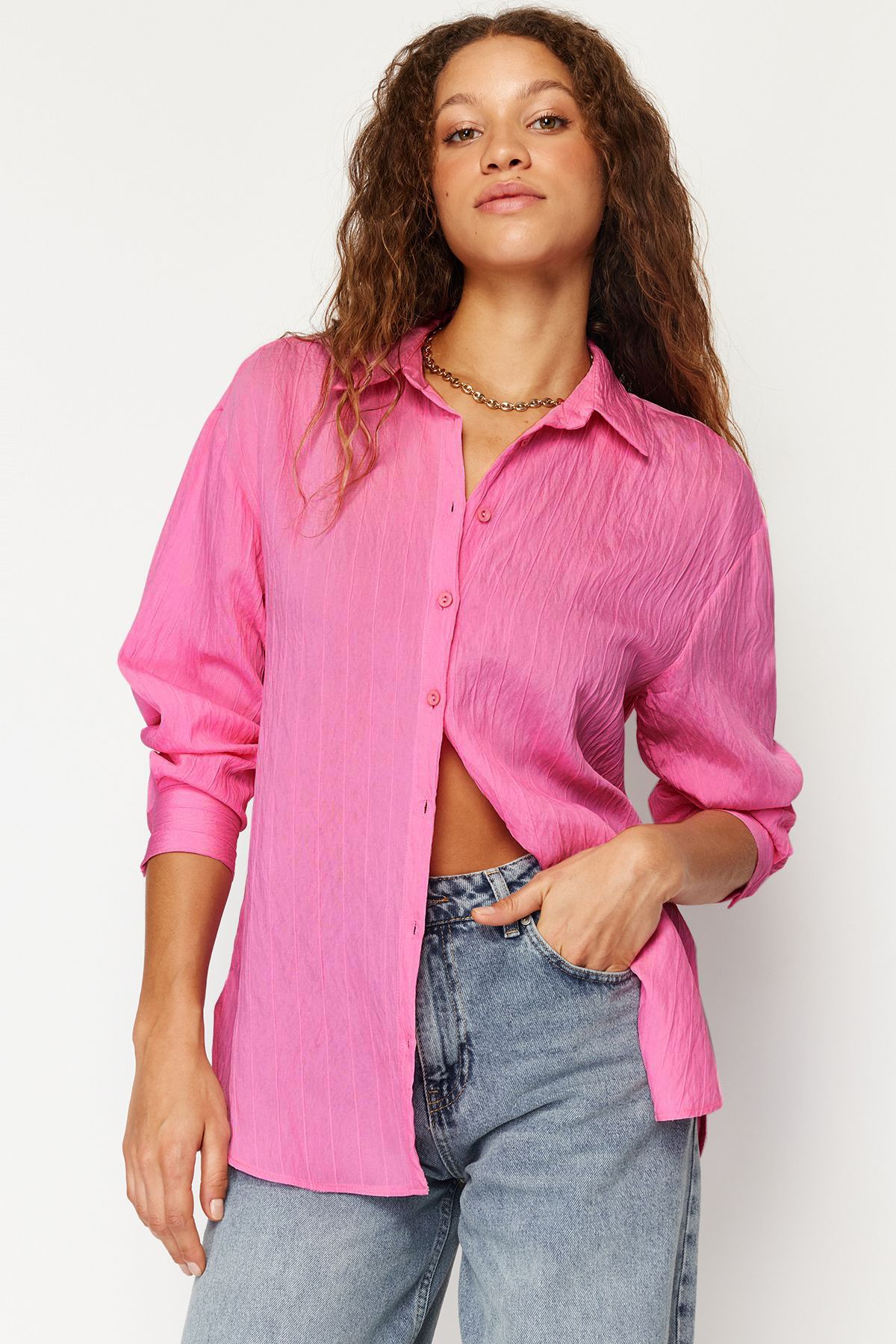 Trendyol Collection Różowa, Oversize'owa, Teksturowana Koszula Oversize W Paski Kobieta - 40