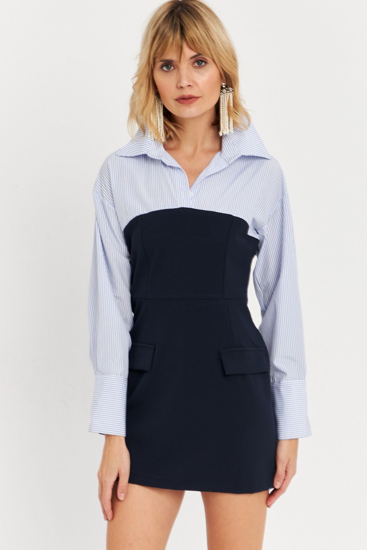 Cool & Sexy-Blaues Shirt-Block-Minikleid für Damen KED3072 2