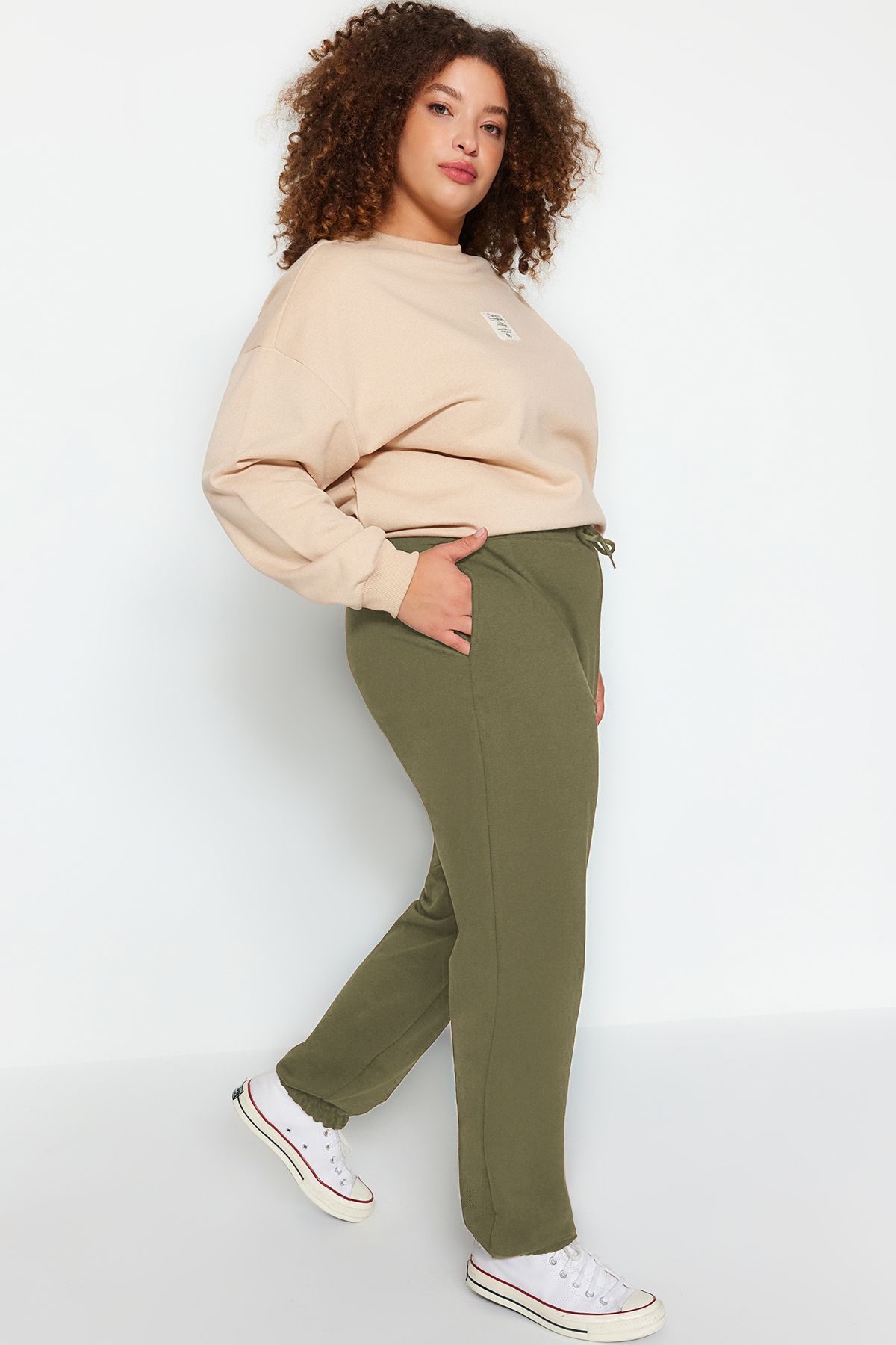 Trendyol Curve-Plus Size Light Khaki Jogger Sweatpants - Elastic Leg Tbbss22Ea0065 4