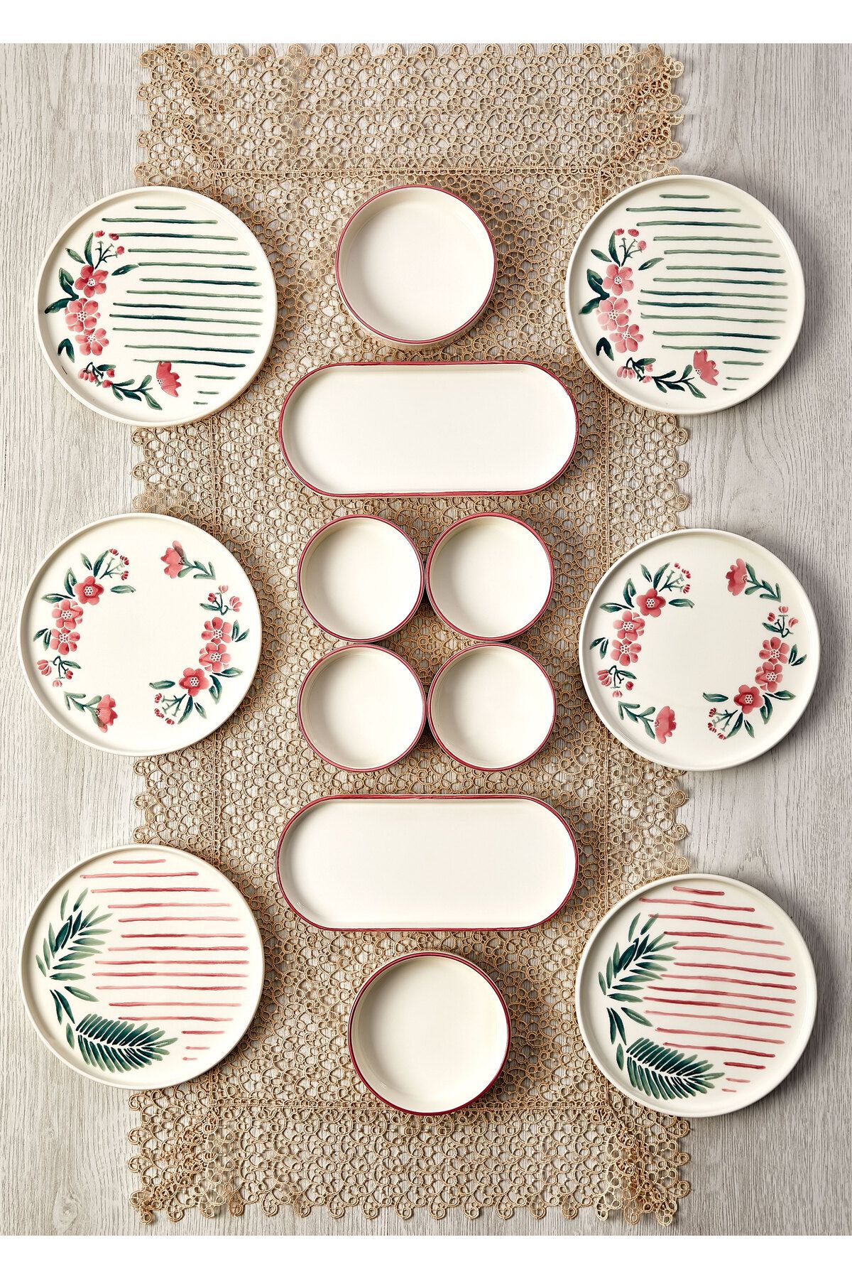 14 Parça 6 Kişilik Sakura Stackable Kahvaltı Takımı - Lüx Kahvaltılık Sunum Seti Tabağı