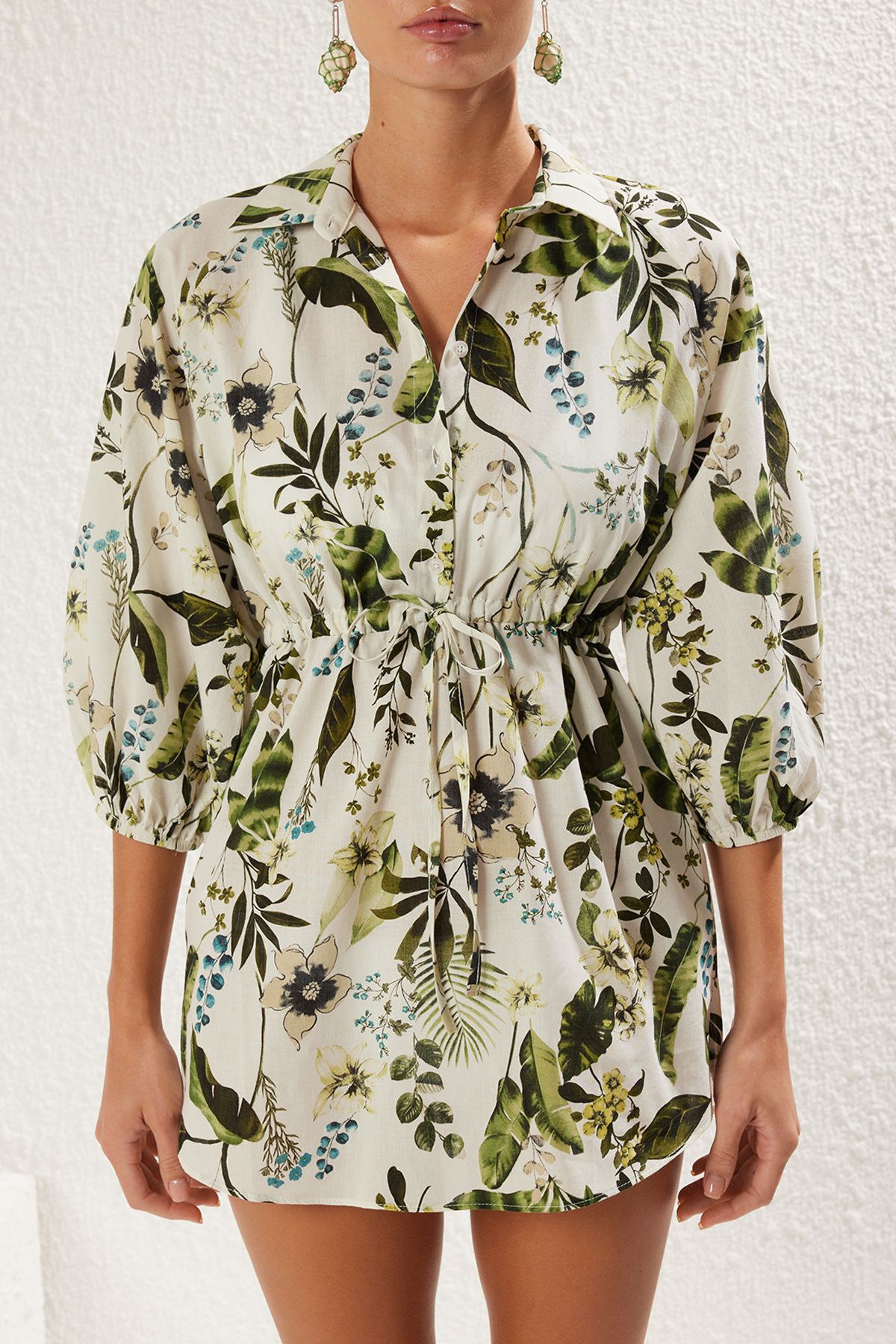 Trendyol Collection-Tropical Print Mini Woven Drawstring Detail 100% Cotton Beach Dress Tbess25El00021 3