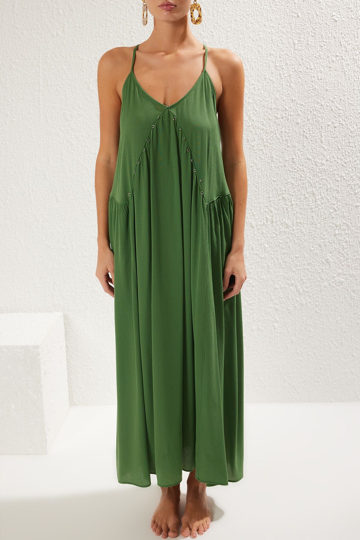 Trendyol Collection-Πράσινο Maxi υφαντό φόρεμα παραλίας με αξεσουάρ TBESS25EL00060 3