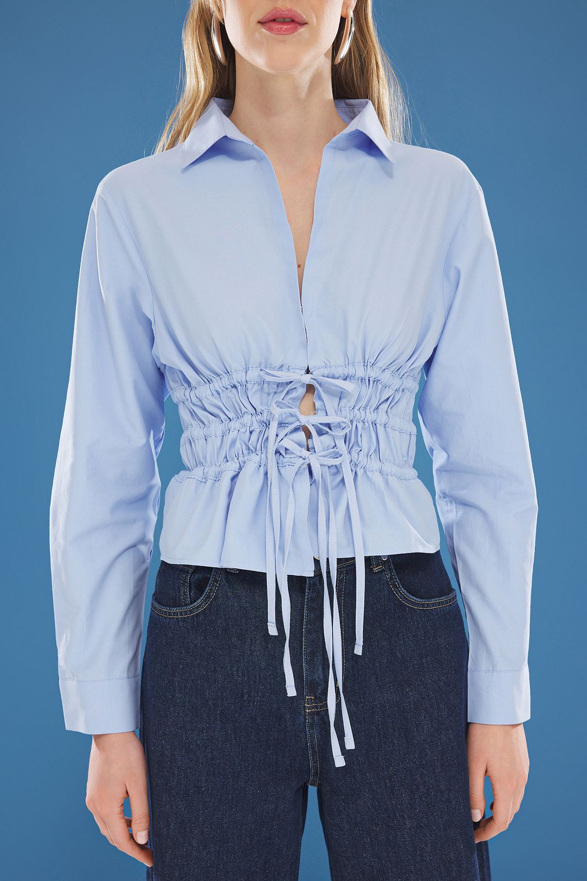 Trendyol Collection-Light Blue Fitted Woven Shirt with Tightening Binding Detail on Bust and Waist Twoss25Go00031 3