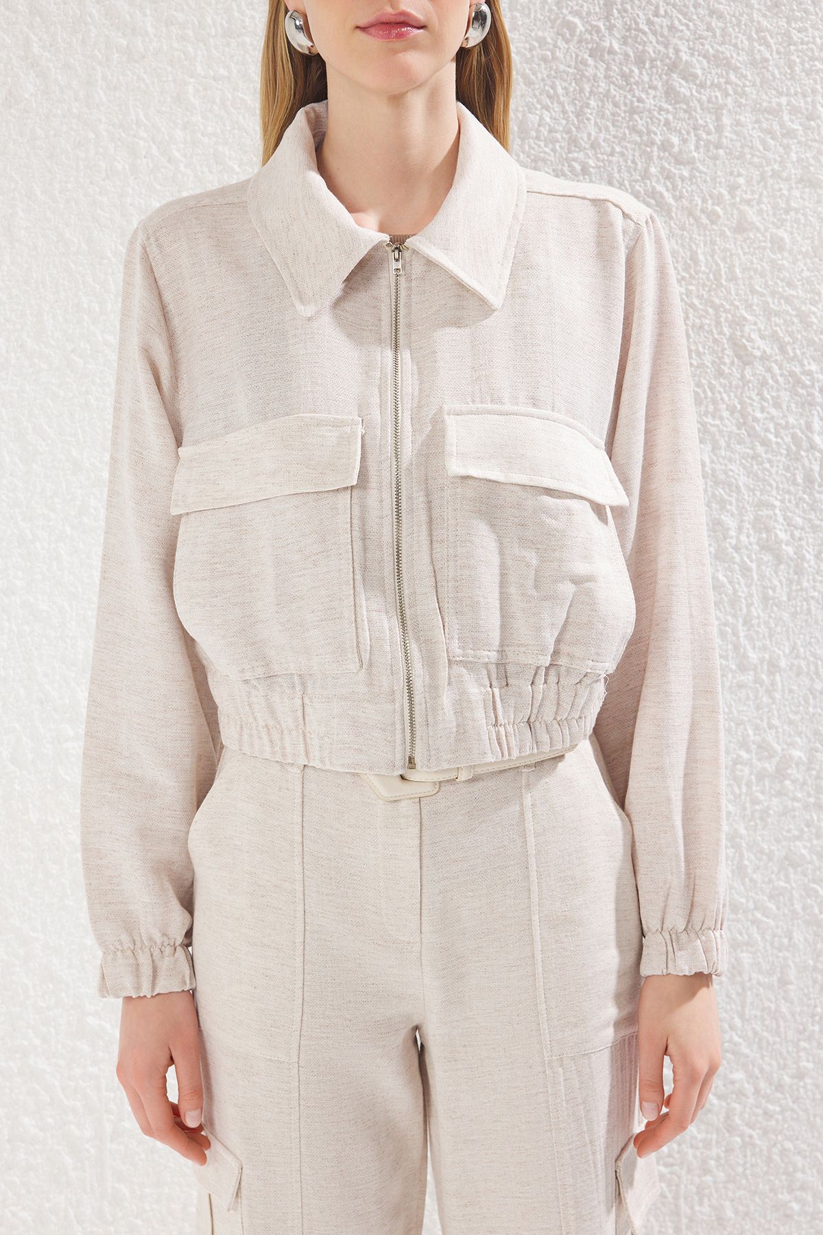 Trendyol Collection-Beige Linen Look Zippered Slim Bomber Jacket with Drawstring Waist Pockets Twoss25Ce00040 3