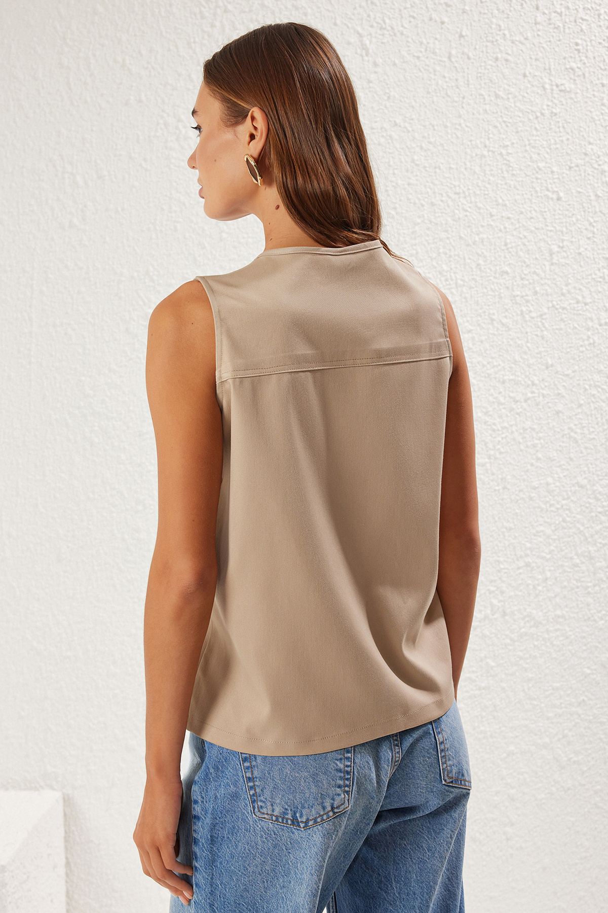 Trendyol Collection-Beige Crew Neck Lacing Detail Woven Vest Twoss25Ye00030 5