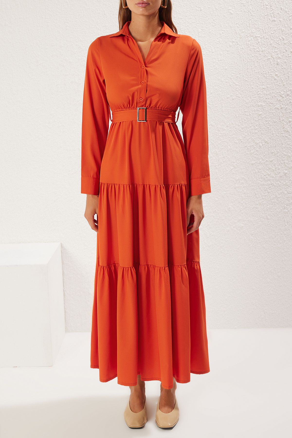 Trendyol Modest-Tile Belt a Line/Bell Cut Maxi Knitted Dress Tctss25El00002 3