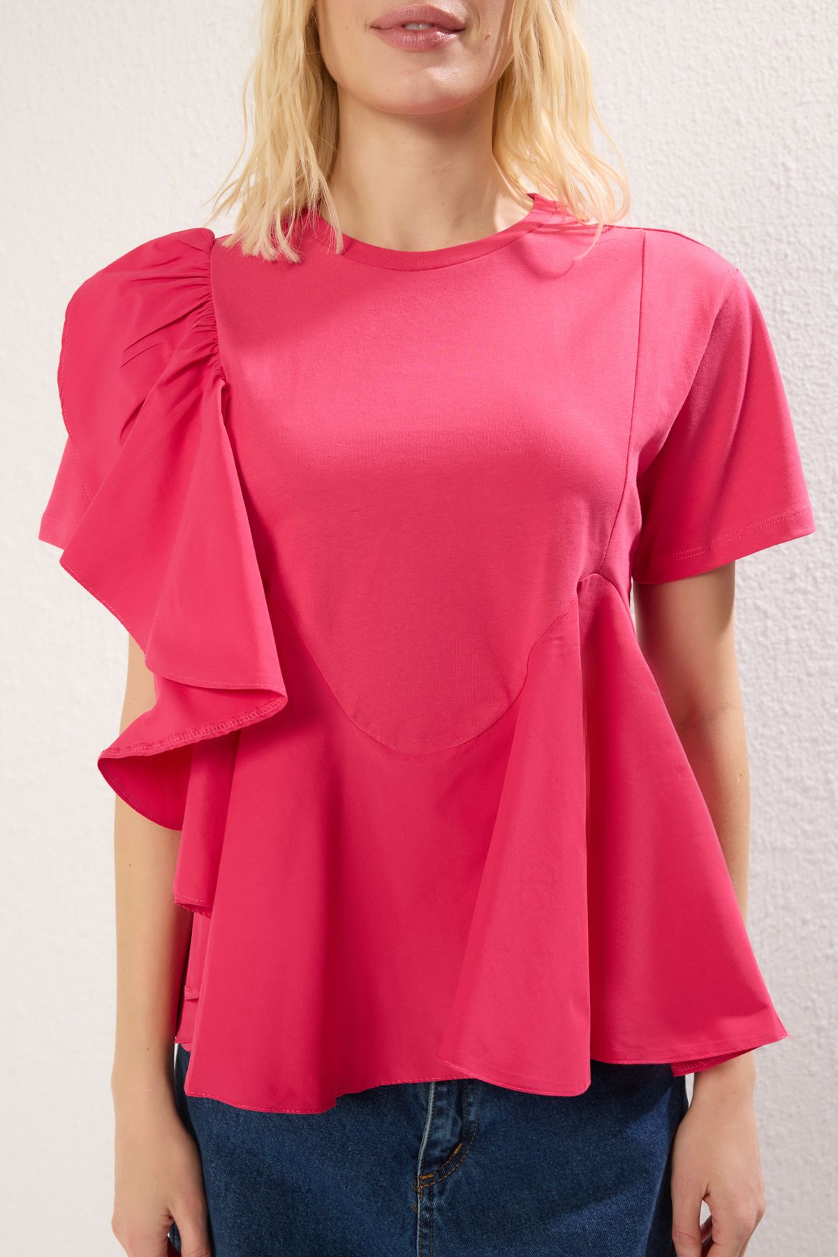 Trendyol Collection-Fuchsia Poplin Knitted Blouse - Ruffle Detail, Regular Fit Twoss25Bz00008 3