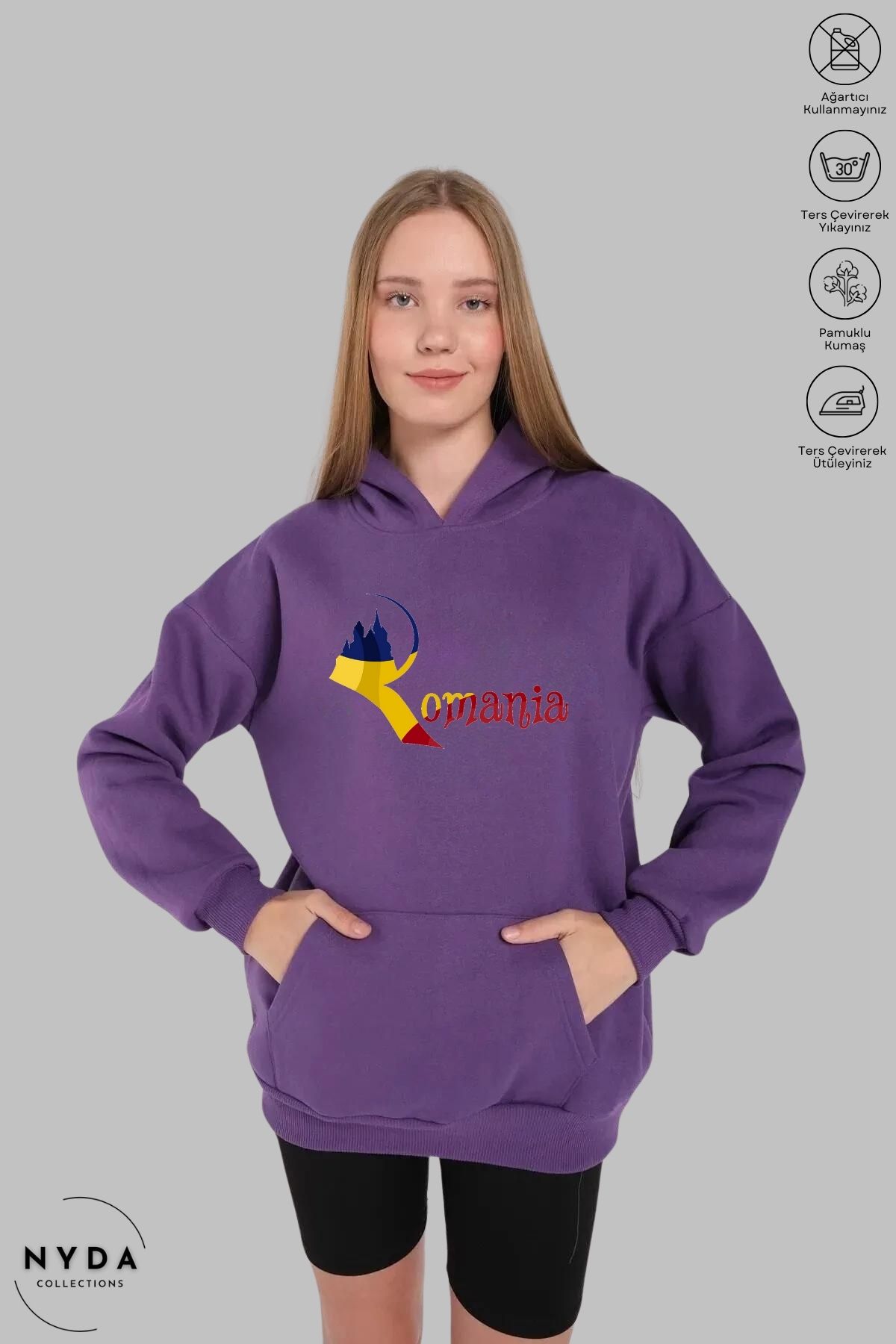 Nyda Collections Unisex Hoodie Uzun Kollu Romania Baskılı Kapüşonlu Şardonlu Oversize Pamuk Sweatshirt