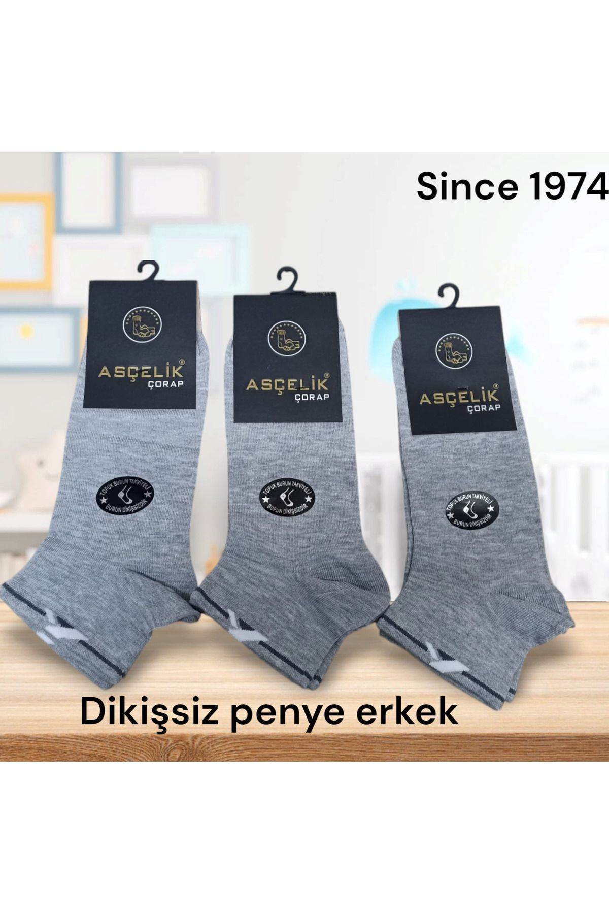 Asçelik-Men's Gray Seamless Socks Set of 3 - Half Size 1