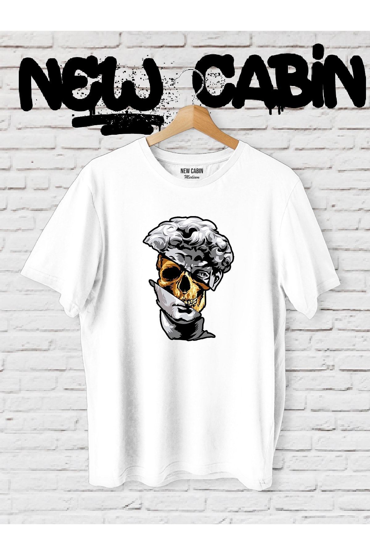 YOHO SPORT Yeni Sezon Unisex Skull Heykel Ön Baskılı Beyaz Oversize Tişört