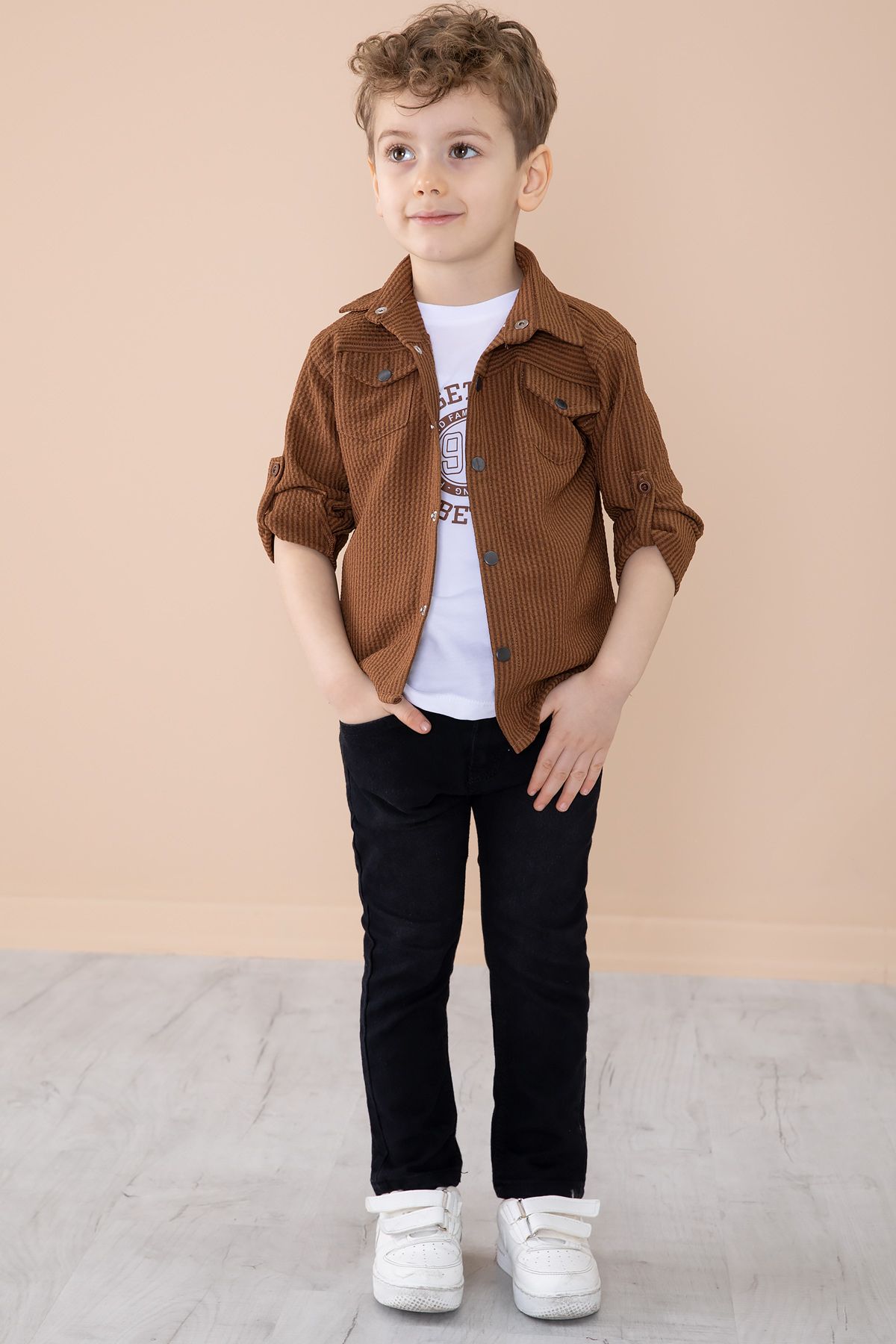 Cansın Mini-Tan Boy's 3-Piece Bottom Top Set with Snap Fastener Shirt and Pants 20265 2