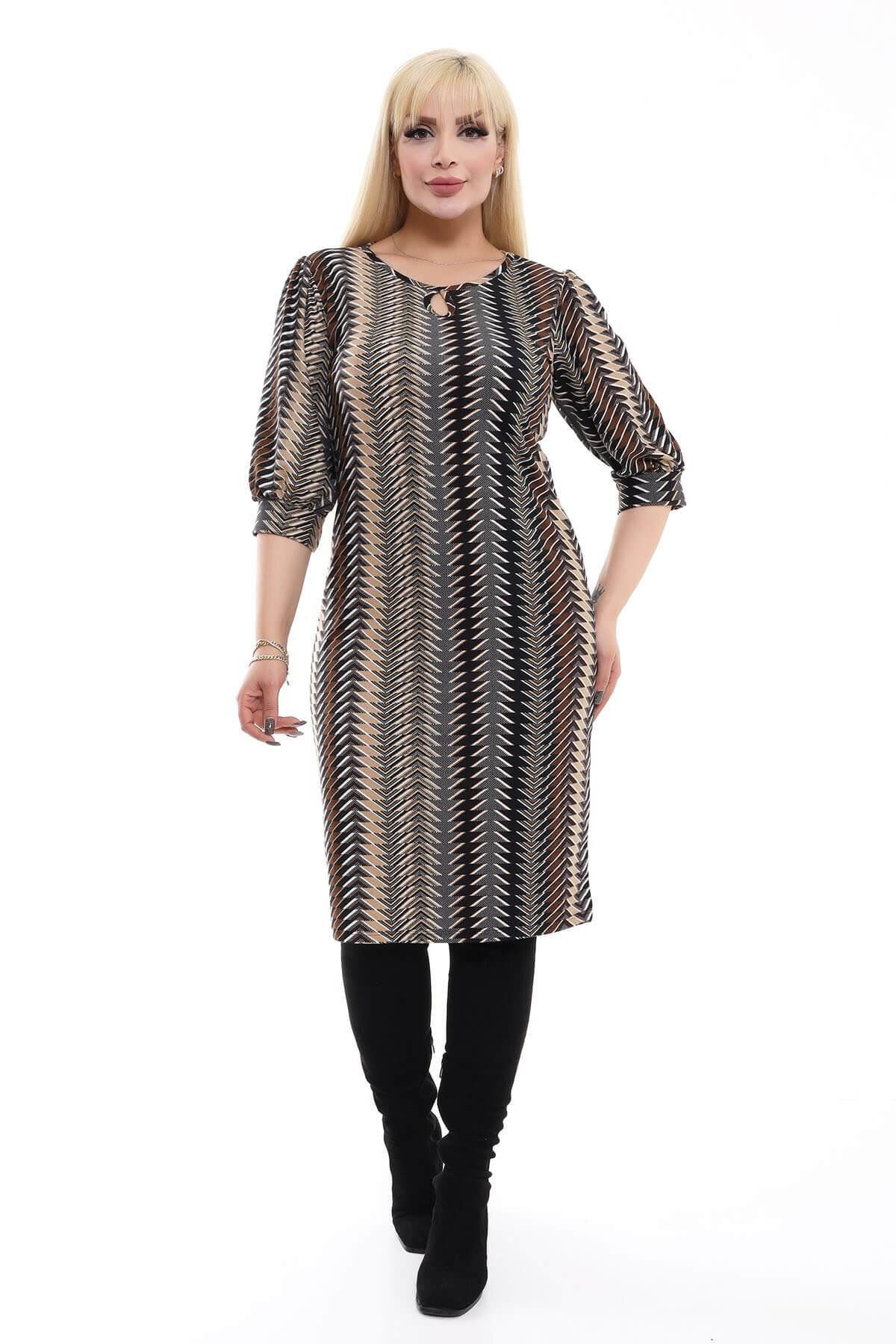 Mooi XXL-Rochie de damă, maro, bej, cu model etnic, guler căzut, mânecă cu balon, rochie supradimensionată din piele intoarsa elastica 1