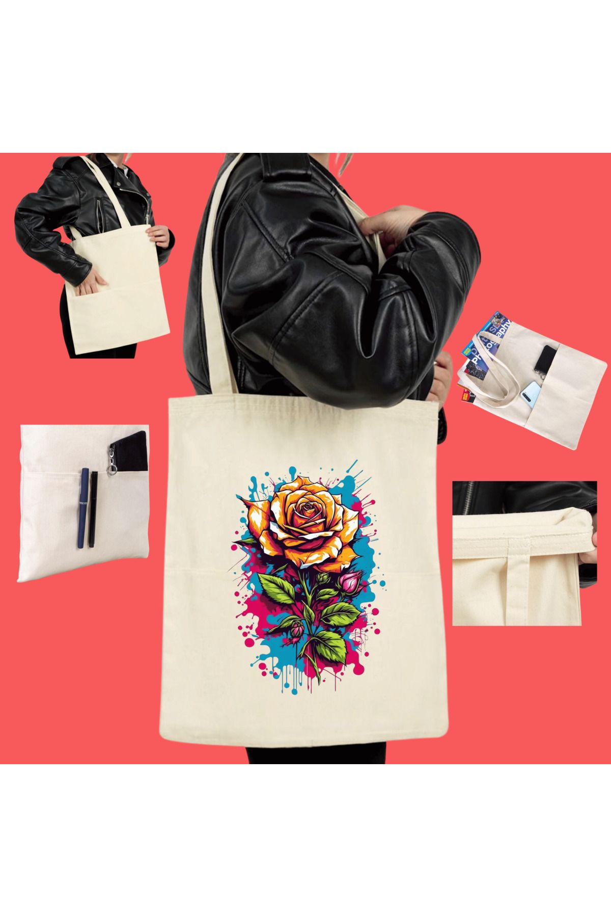 CACTUS HOME Çok Amaçlı Cepli  Tasarım Ham Bez Tote Bag Çanta, Pinterest Çanta