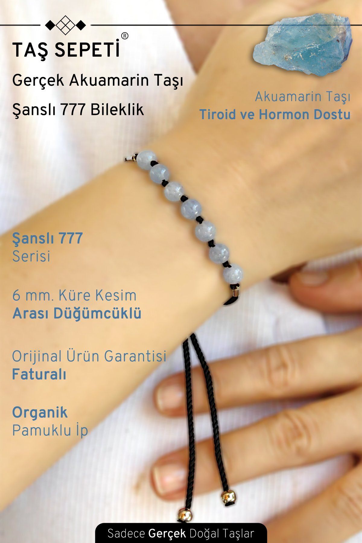 TAŞ SEPETİ 777 Şanslı Serisi Gerçek Akuamarin Doğal Taşı Unisex Şans Bilekliği