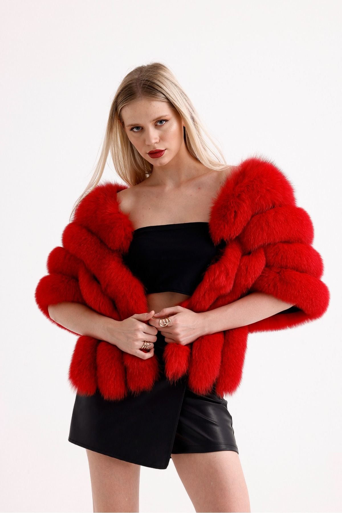 ÖZEL ASPAVA DERİ-Women's Red Genuine Fur Bolero, Etol K-24, Special Aspava Leather 3