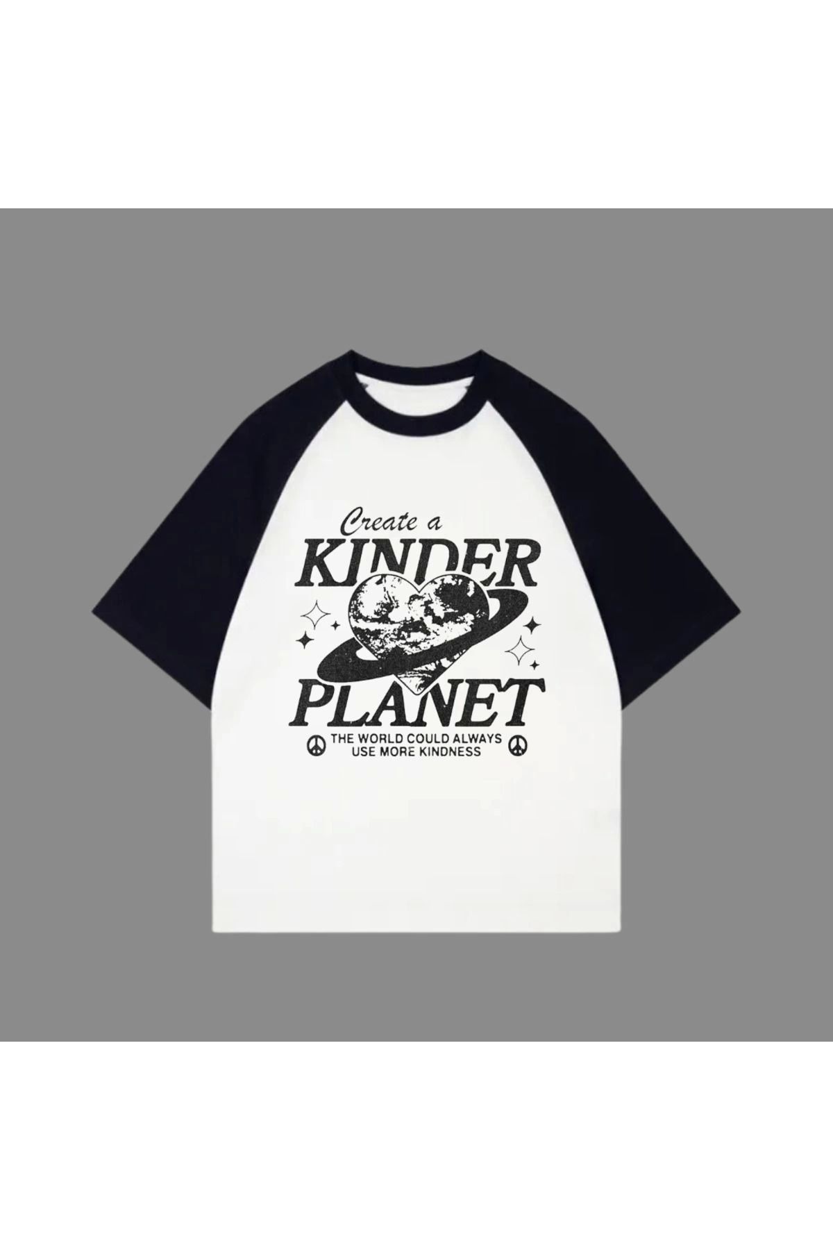 Violon Beyaz Unisex Siyah Reglan Kinder Planet T-Shirt