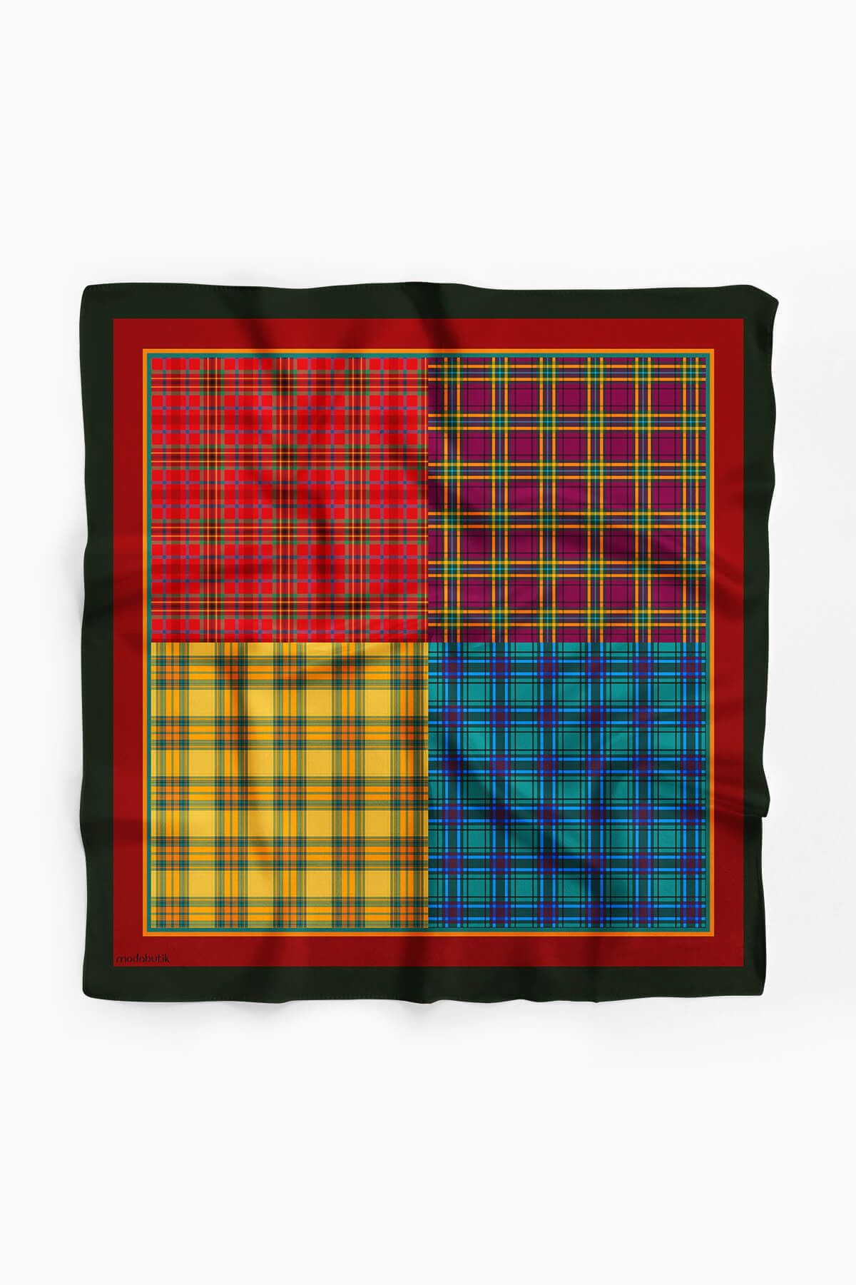 Modabutik-Women's Yellow Red Quad Plaid Patterned 50X50 Bandana Dg01621-22 2