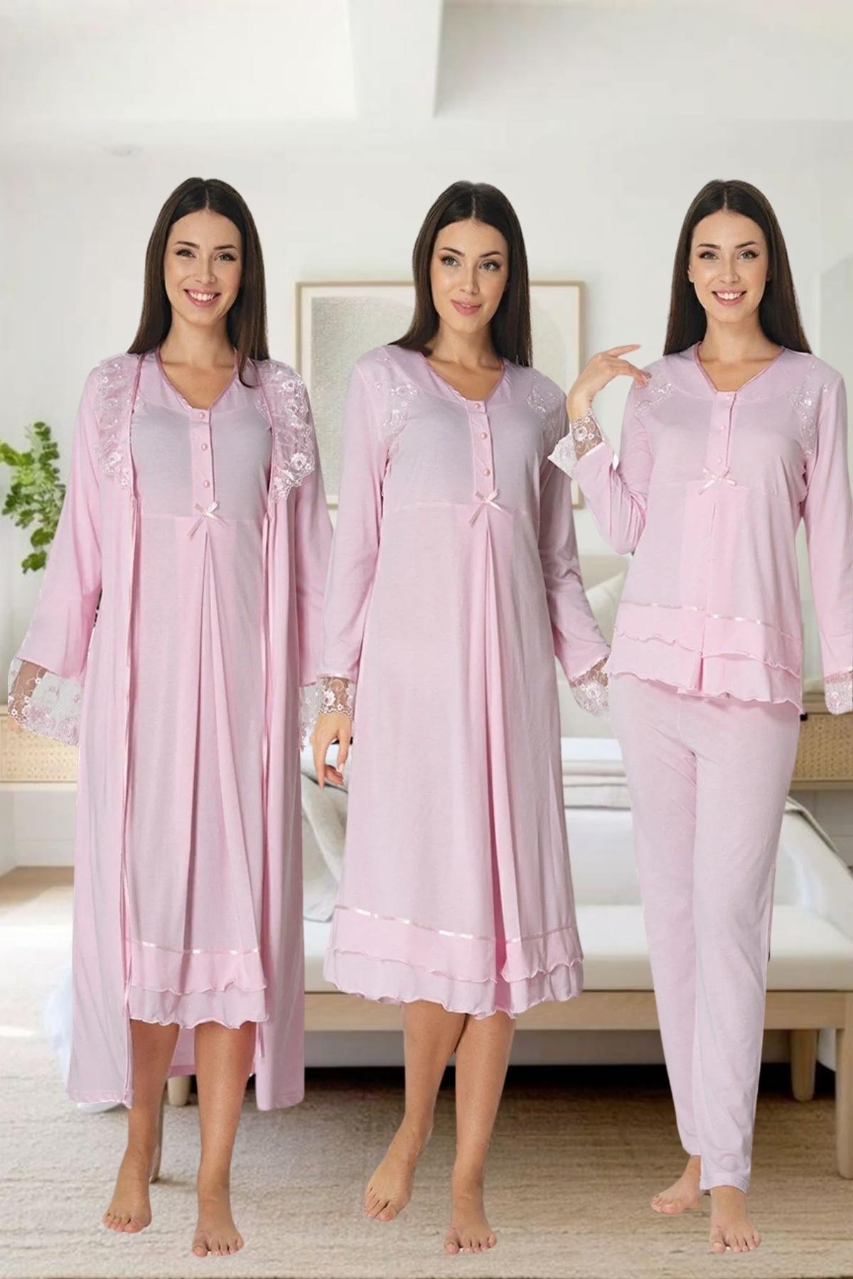 Effortt Hamile Lohusa Dantel Detaylı Zarif  Sabahlıklı Pijama Seti Primum 4 lü Lohusa seti [emzirme bölümlü]