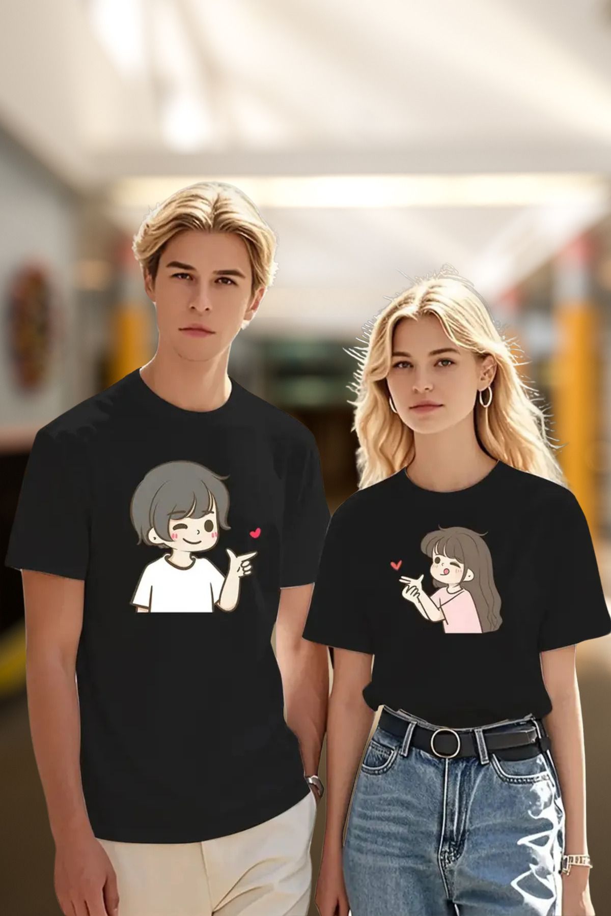 FECCY Pamuklu Anime Tasarım Sevgili Çift Kombini Unisex T- Shirt